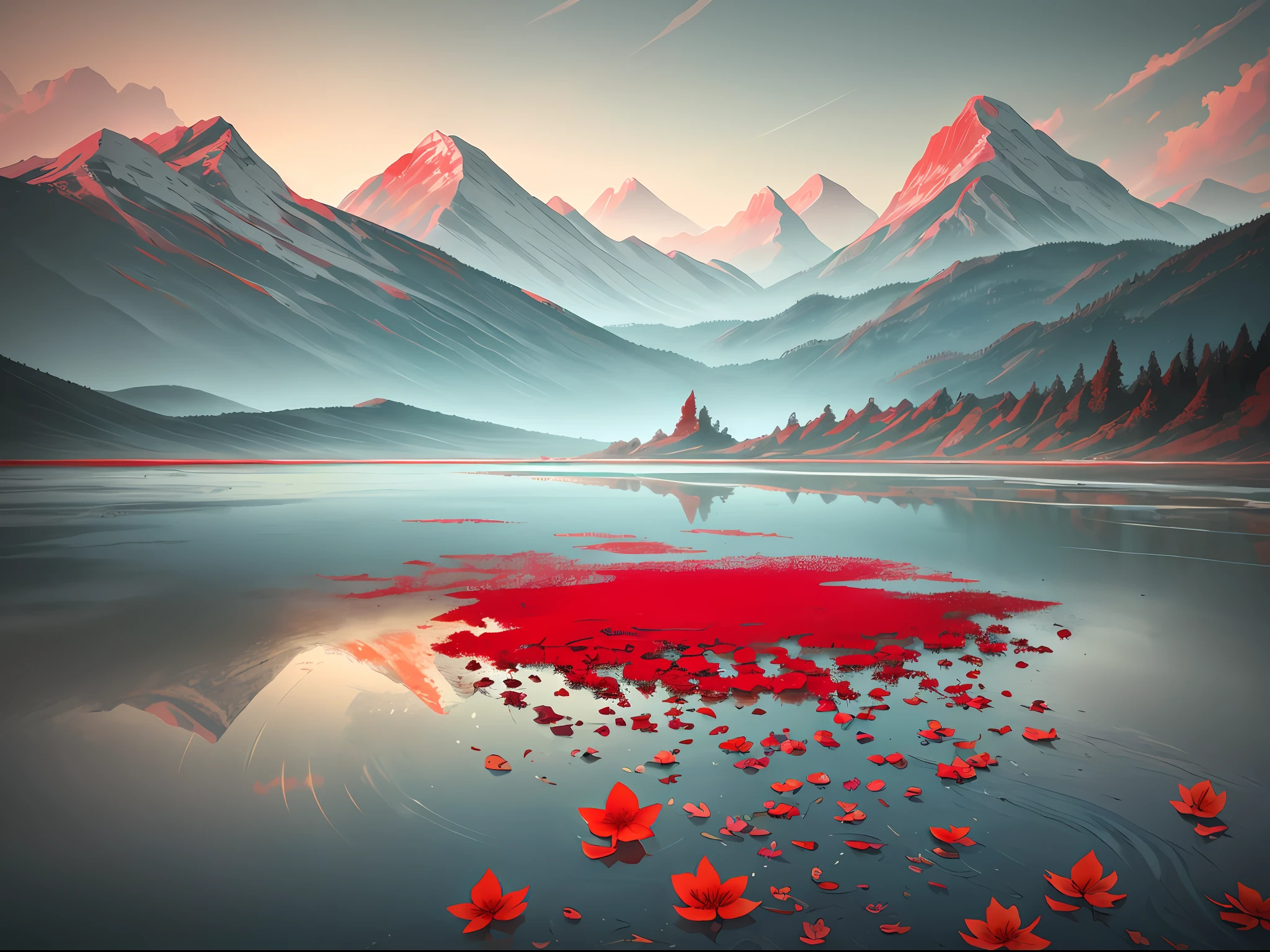 I can't remember the feeling of the beginning
The landscape painting depicted is a devil that deceives angels
Eventually, even the hot heartbeat and lies will end
Counting on my fingers, the last time of freedom
Baring my teeth and howling, just flowing people
The abyss reflected in the water surface
Because it sways and disappears with withered leaves
Because it fades in the waves
Is there a nostalgic memory at the destination led to?
The scars that can boast of time
Blossom vividly and unhealed in red
In the same time, blooming vividly, 
abstract landscape,
(best quality:1.3), (highres:1),
