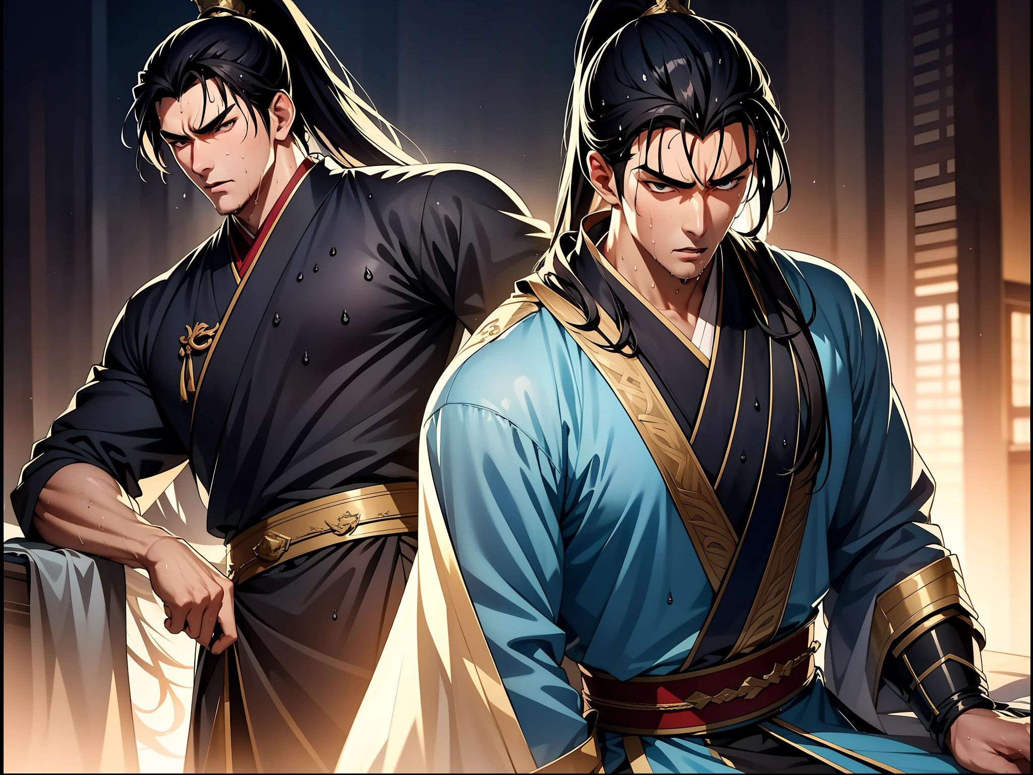 Two-dimensional, anime style, man (male warrior), muscle, correct proportions, face details, martial arts, high ponytail hairstyle, sweating, sweaty face, drooling, neck details, with Adam's apple, wet, wet, Hanfu costume, long robe, embroidered robe, dragon robe, clothing details, collar, long sleeves, game quality, swordsman demeanor, light and shadow tracing, ray tracing, detail glow, CG rendering, hair details, long black hair, golden eyes, sweaty face, handsome, handsome, sweat beads slipping down the neck, (juvenile feeling), complex clothing, wet, wet, perfect composition, refinement, high quality, more details, a lot of details, complex background, atmosphere,