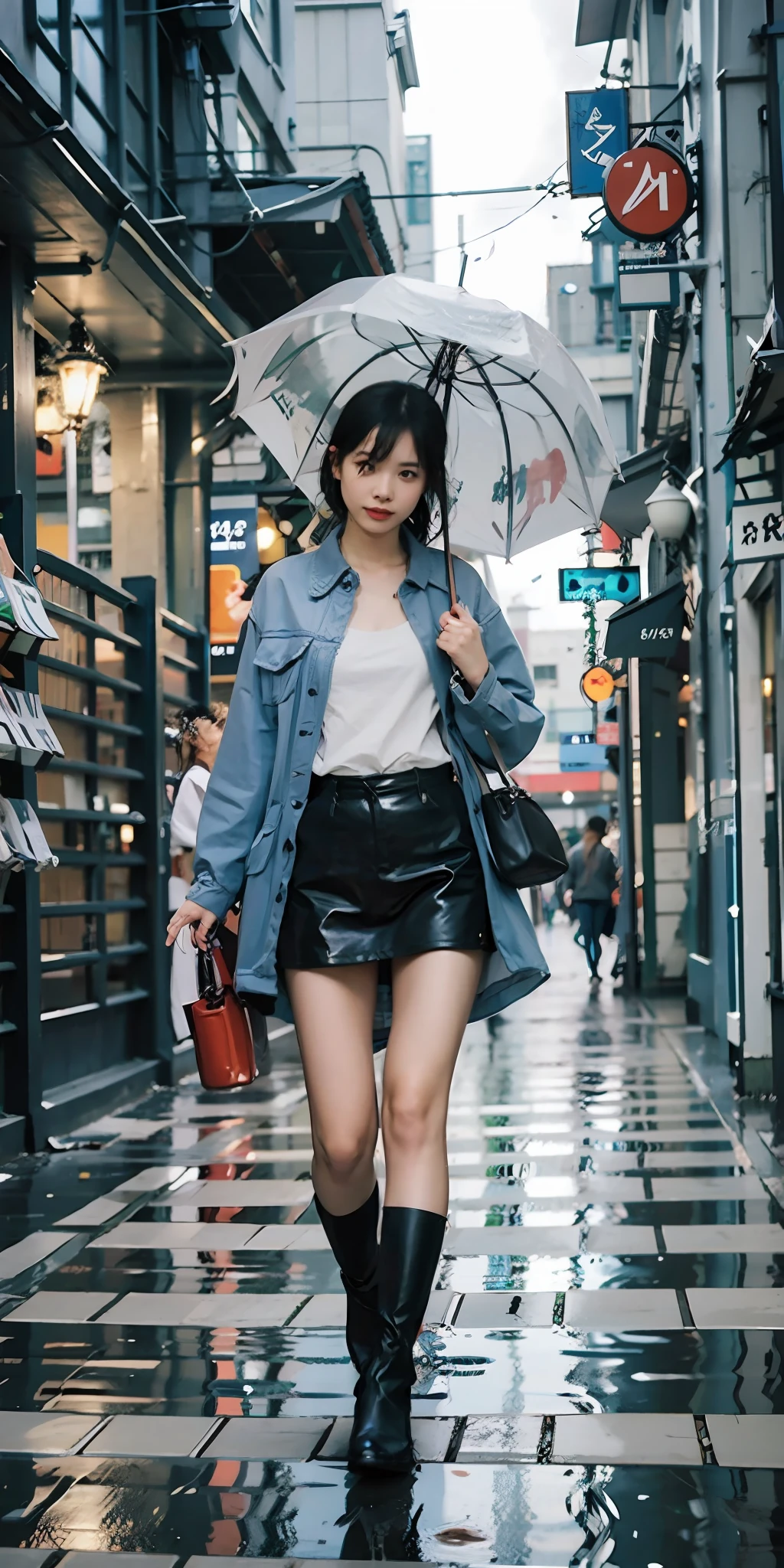 Woman walking down wet street with umbrella,