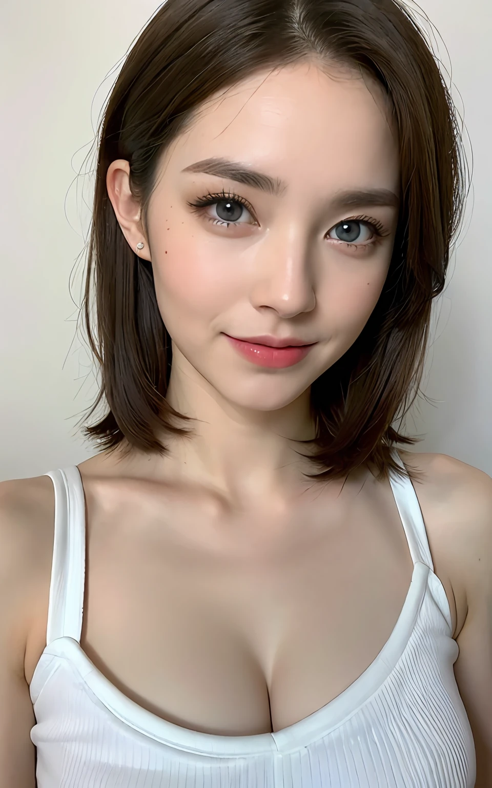 ((top quality, 8k, masterpiece: 1.3)), 1 girl, Czech, Caucasian, beautiful woman with slender abs: 1.3, (highlight haircut, chest A cup: 1.2), black see-through: 1.1, ultra detailed face, detailed eyes, double eyelids, full body Underwear on bed, smile, brown hair, blue eyes