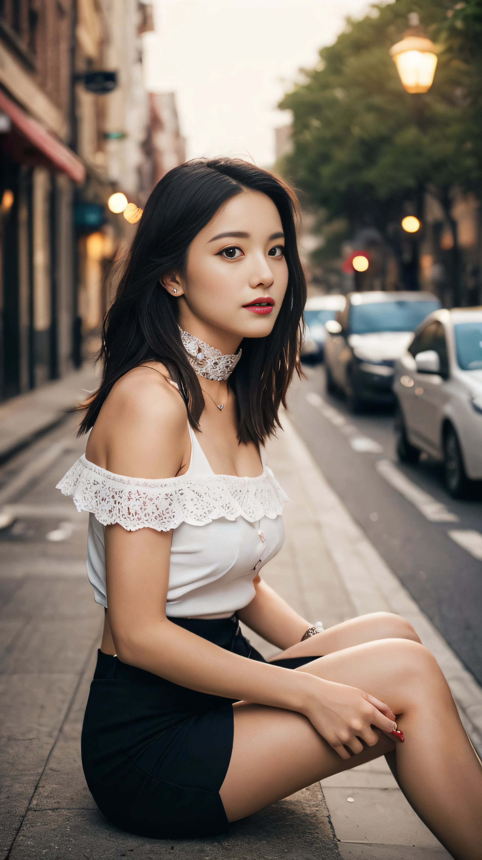 NSFW、Front Angle、(8K、top-quality、masterpiece:1.2)、(realisitic、Photorealsitic:1.37)、ultra-detailliert、1 girl in、looking at the viewers、Beautiful detailed sky、Detailed Cafe Street、sitting on、full_Body、small head、Complex choker、Cute legs:1.2、long legged:1.2、Slim legs、high-heels:1.3、white sock:1.4、Medium chest、high-waisted、narrow waists、off shoulders、a belt、Short bottom、beatiful detailed eyes、 during daytime、Warm tones、Black lace、(length hair:1.4)、Silver midium hair、de pele branca、Cinematic Light、streetlights、(Tea table:1)、(hand bag:1)、