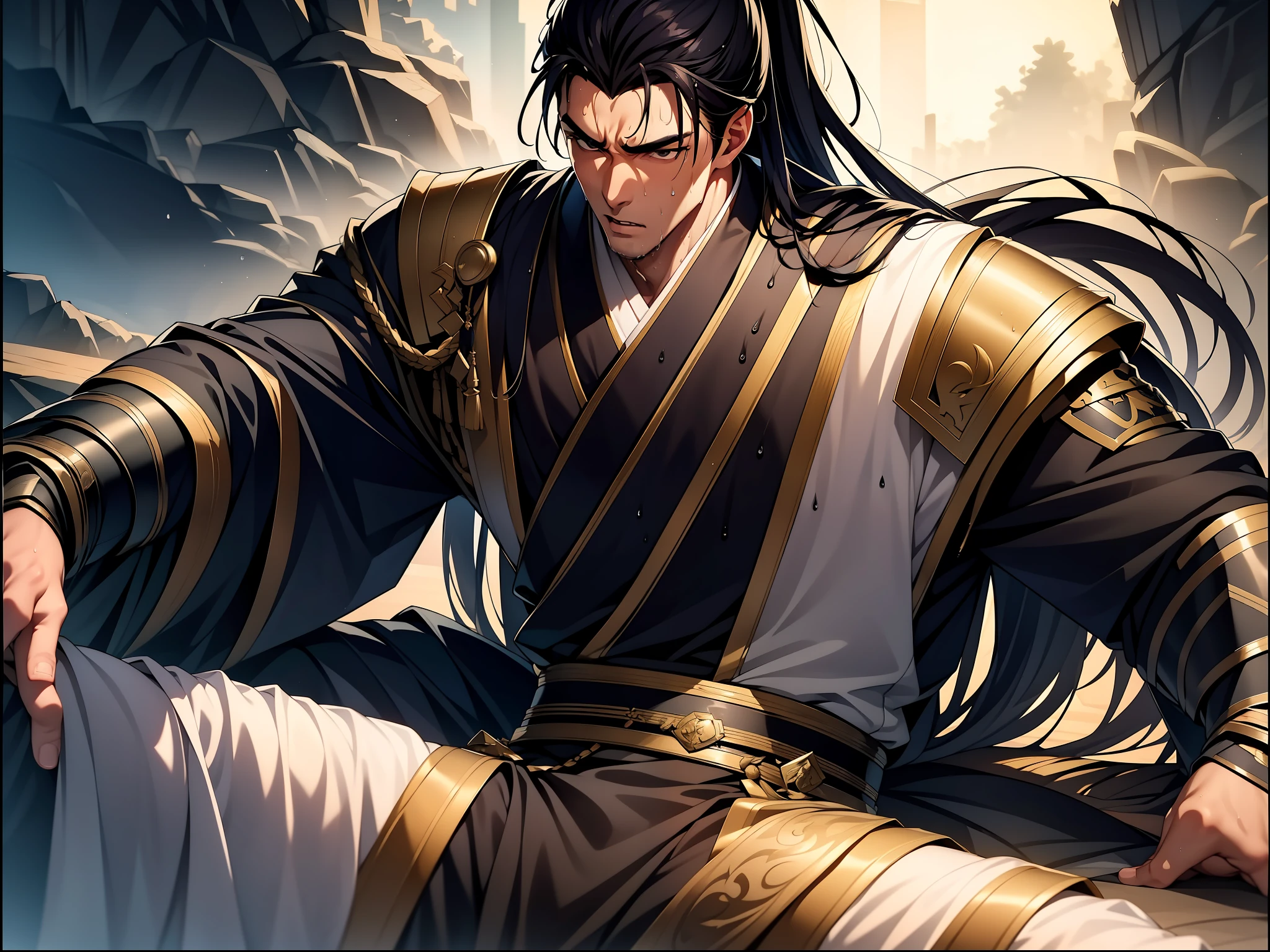 Two-dimensional, anime style, man (male warrior), muscle, correct proportions, face details, martial arts, high ponytail hairstyle, sweating, sweaty face, drooling, neck details, with Adam's apple, wet, wet, Hanfu costume, long robe, embroidered robe, dragon robe, clothing details, collar, long sleeves, game quality, swordsman demeanor, light and shadow tracing, ray tracing, detail glow, CG rendering, hair details, long black hair, golden eyes, sweaty face, handsome, handsome, sweat beads slipping down the neck, (juvenile feeling), complex clothing, wet, wet, perfect composition, refinement, high quality, more details, a lot of details, complex background, atmosphere,