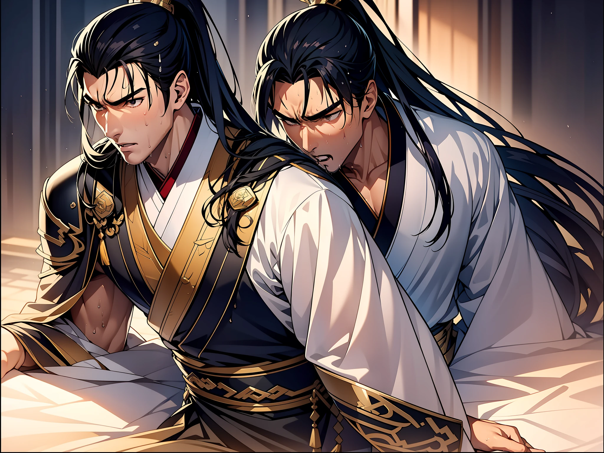 Two-dimensional, anime style, man (male warrior), muscle, correct proportions, face details, martial arts, high ponytail hairstyle, sweating, sweaty face, drooling, neck details, with Adam's apple, wet, wet, Hanfu costume, long robe, embroidered robe, dragon robe, clothing details, collar, long sleeves, game quality, swordsman demeanor, light and shadow tracing, ray tracing, detail glow, CG rendering, hair details, long black hair, golden eyes, sweaty face, handsome, handsome, sweat beads slipping down the neck, (juvenile feeling), complex clothing, wet, wet, perfect composition, refinement, high quality, more details, a lot of details, complex background, atmosphere,