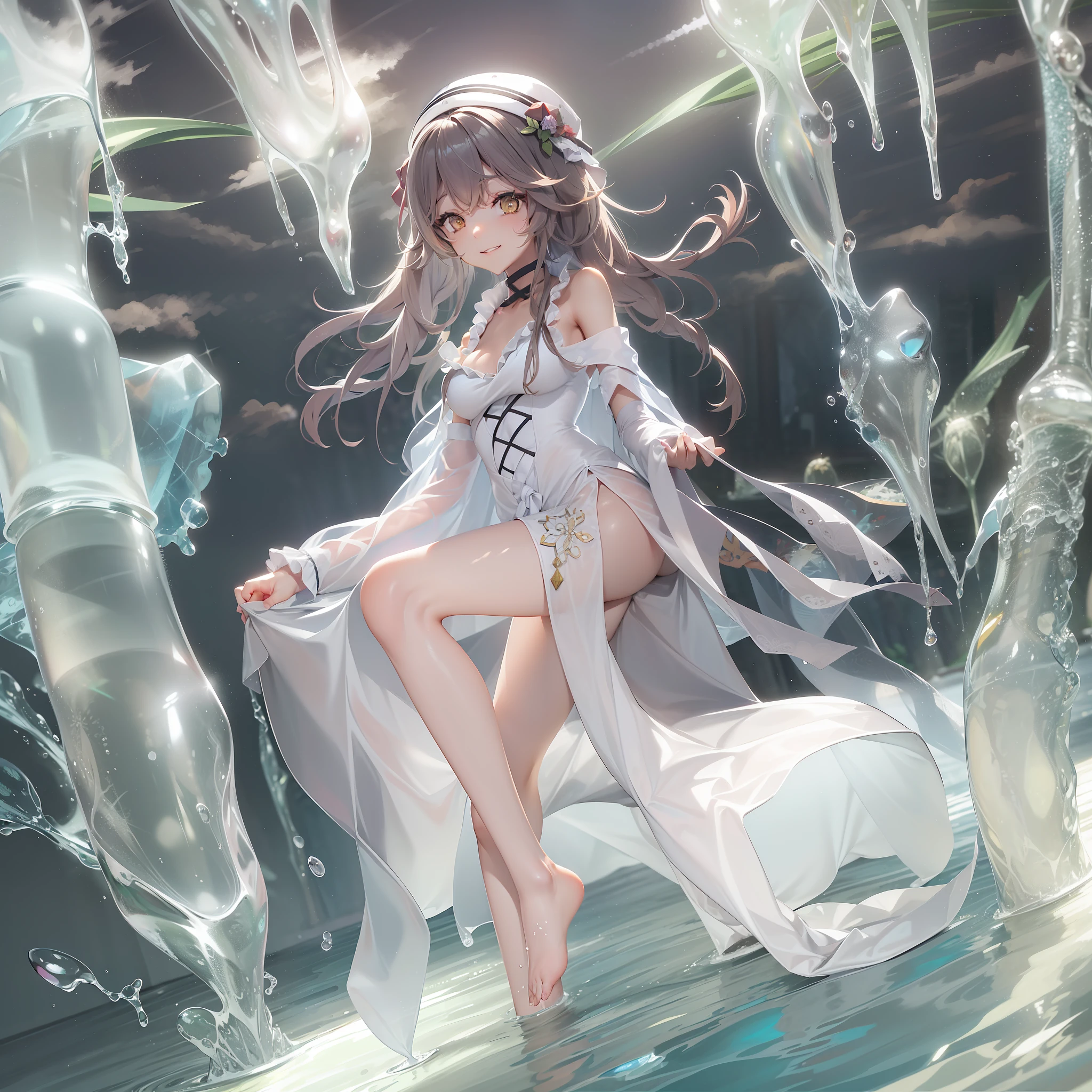 ，The upper part of the body，独奏，1girll，Lupus Regina Beta，ssmile，美丽细致的眼睛，Beautiful and delicate luminescence，Fine ice，Beautiful fine water，Ultra-thin transparent emulsion sticker，Naked，legs separated，look from down，