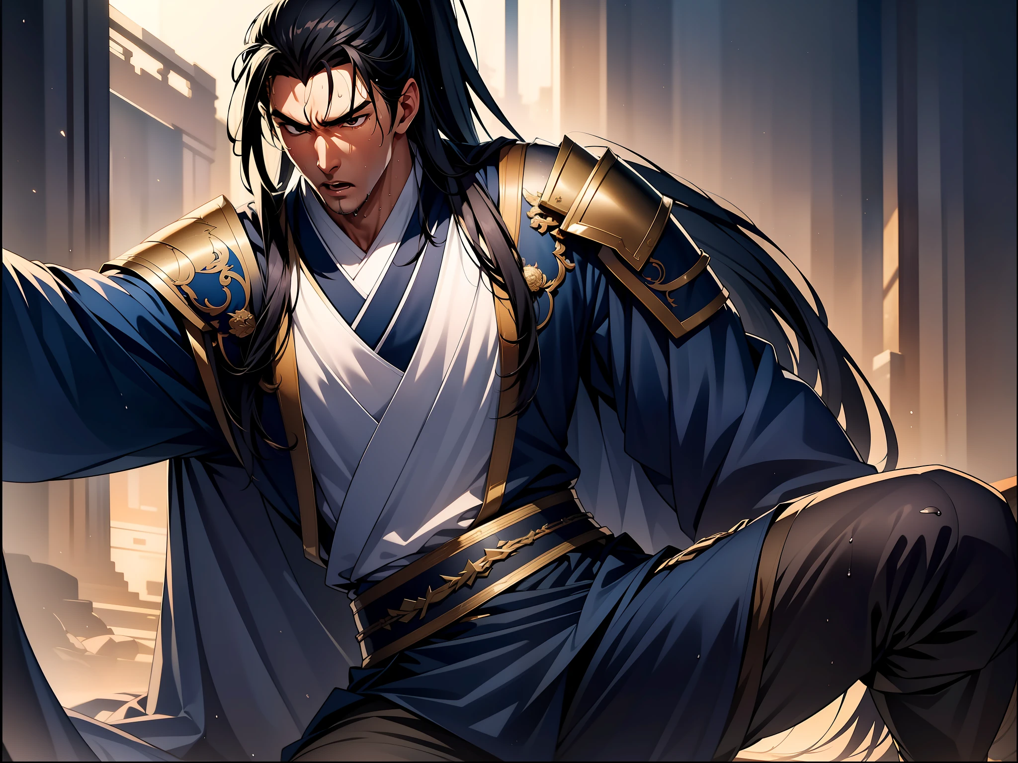 Two-dimensional, anime style, man (male warrior), muscle, correct proportions, face details, martial arts, high ponytail hairstyle, sweating, sweaty face, drooling, neck details, with Adam's apple, wet, wet, Hanfu costume, long robe, embroidered robe, dragon robe, clothing details, collar, long sleeves, game quality, swordsman demeanor, light and shadow tracing, ray tracing, detail glow, CG rendering, hair details, long black hair, golden eyes, sweaty face, handsome, handsome, sweat beads slipping down the neck, (juvenile feeling), complex clothing, wet, wet, perfect composition, refinement, high quality, more details, a lot of details, complex background, atmosphere,