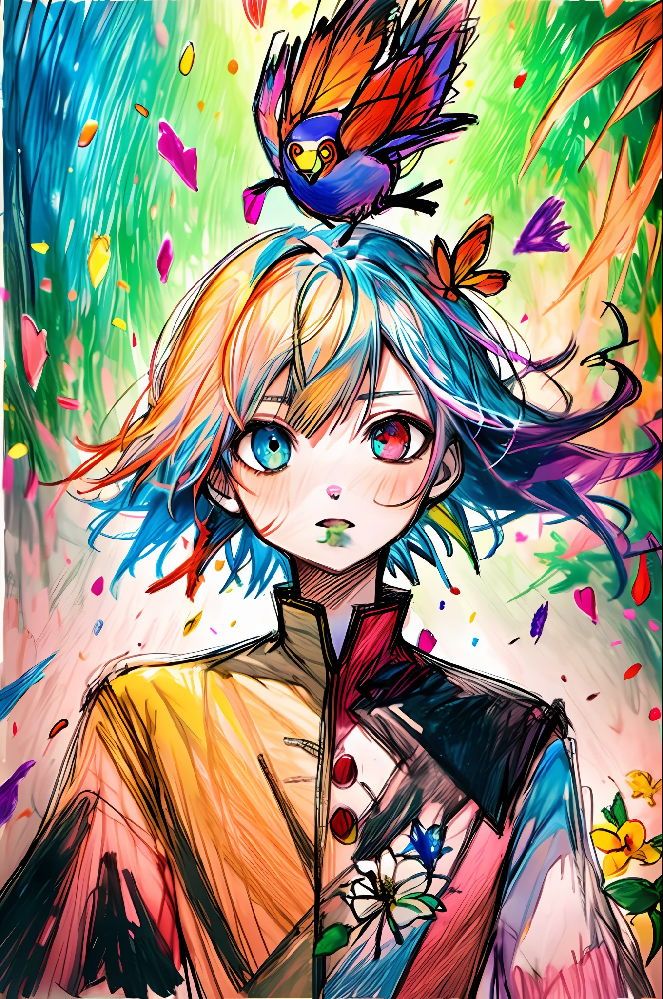 doodle, Messy, stick figures, Crayola, pencil, colored chalk, scribble, Colorful, Portrait, masutepiece, Best Quality, Ultra-detailed, floating, Beautiful detailed eyes, Detailed light, fruits, Flowers, Colorful, garden, Colorful background, forest, Bird, butterfly
