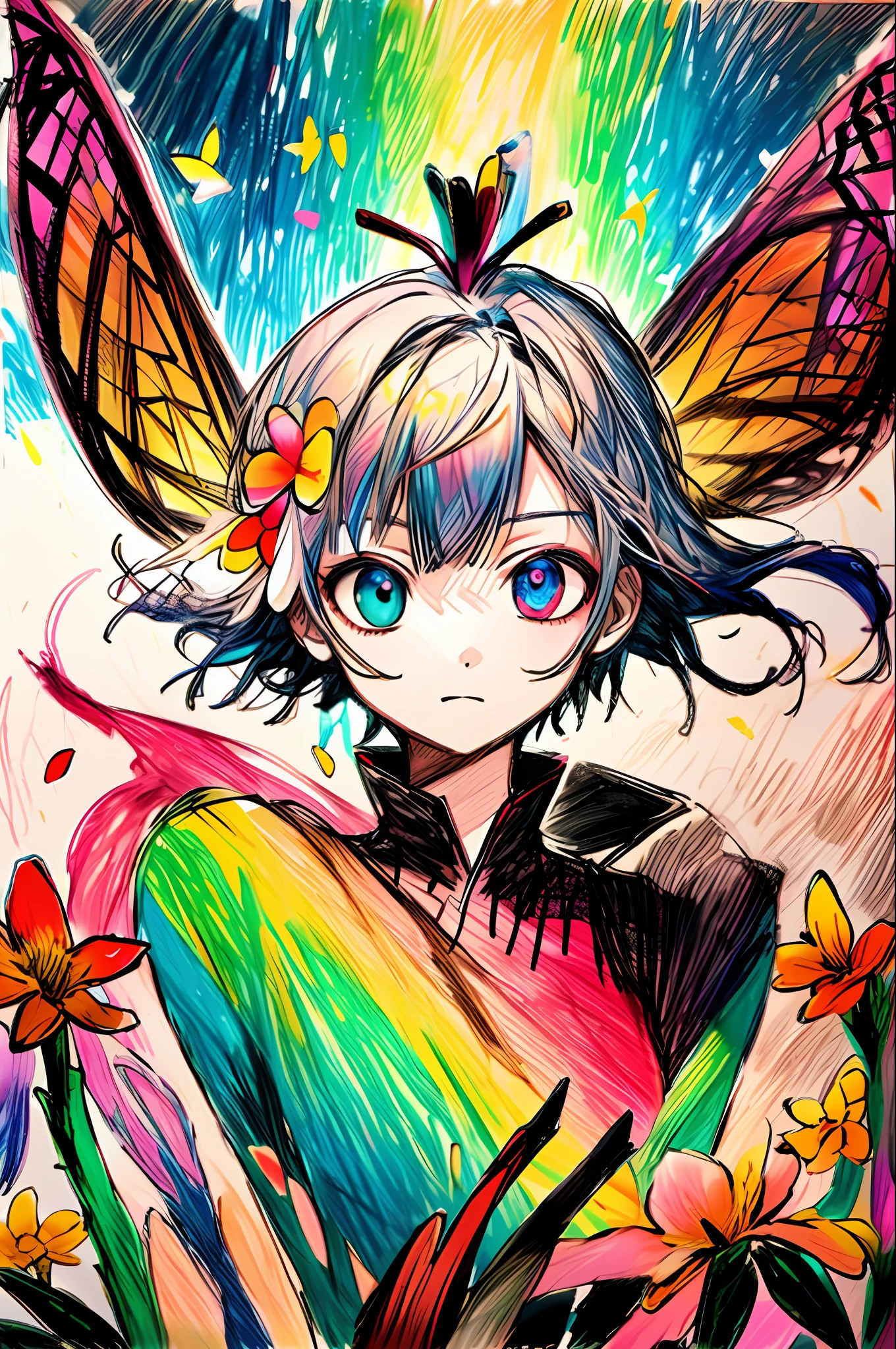 doodle, Messy, stick figures, Crayola, pencil, colored chalk, scribble, Colorful, Portrait, masutepiece, Best Quality, Ultra-detailed, floating, Beautiful detailed eyes, Detailed light, fruits, Flowers, Colorful, garden, Colorful background, forest, Bird, butterfly