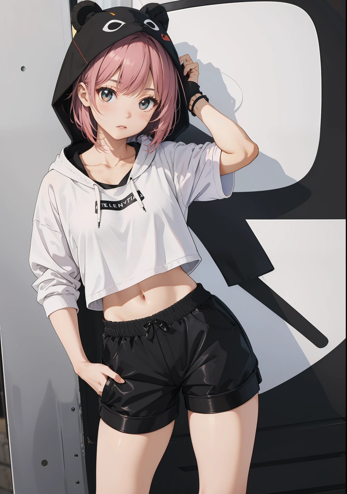 1 beautiful tomboy girl with small breast,Ted pink hair, white top crop Hoodie black short pants white sneaker black mask on fac