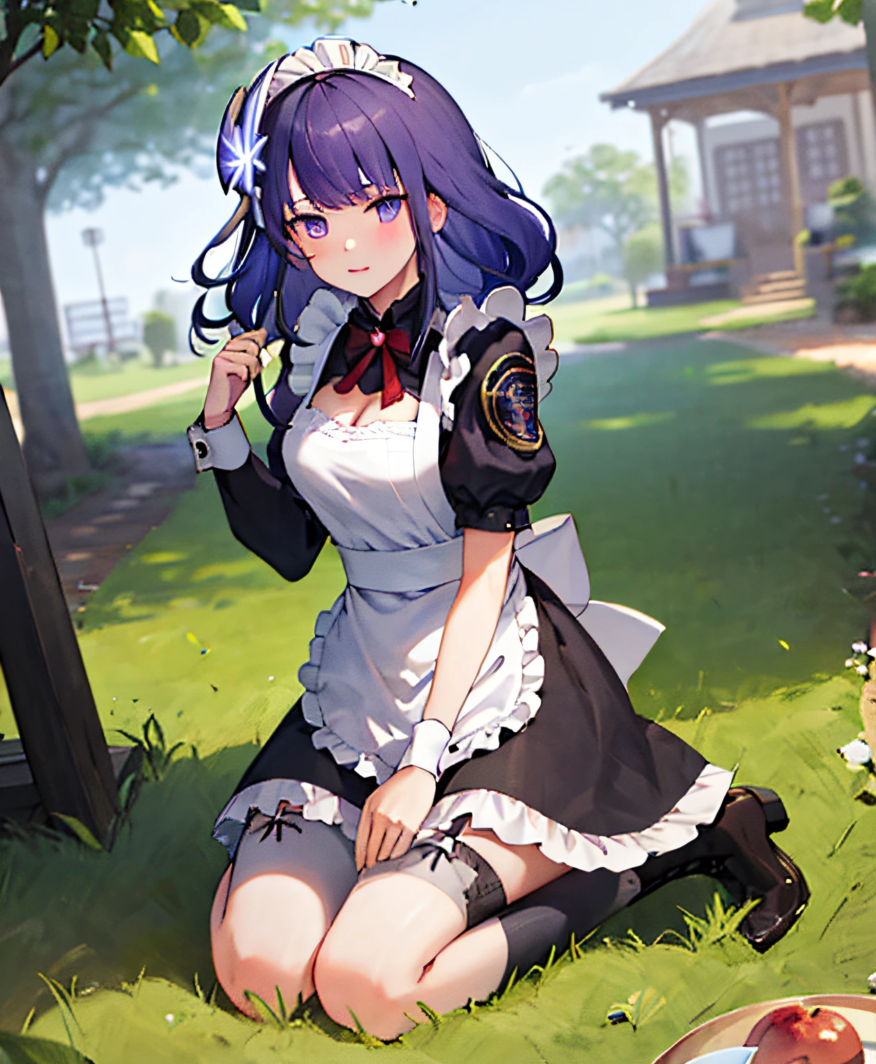 masterpiece, best quality, 1girl, solo, raiden_genshin, office lady, maid uniform, maid, apron, maid headdress, kneeling, seiza