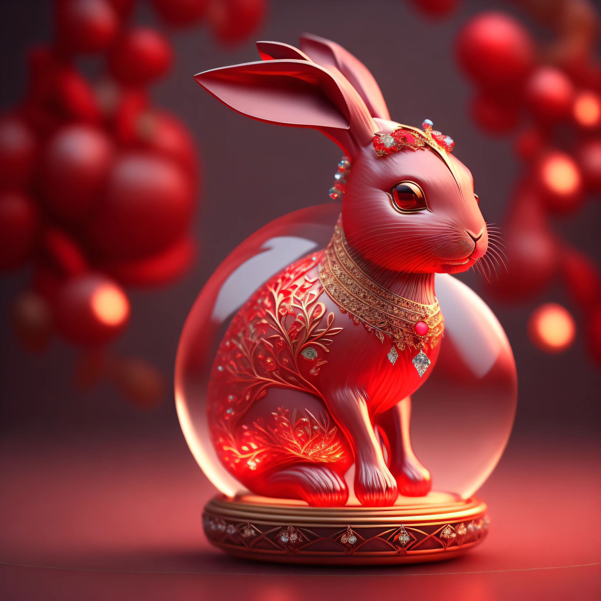 A cute crystal ball red zodiac rabbit,The body is embellished with various jewelry ornaments,The eyes have a low-poly design,It is a highly detailed and complex conceptual art craft,Use Artstation 8k quality。