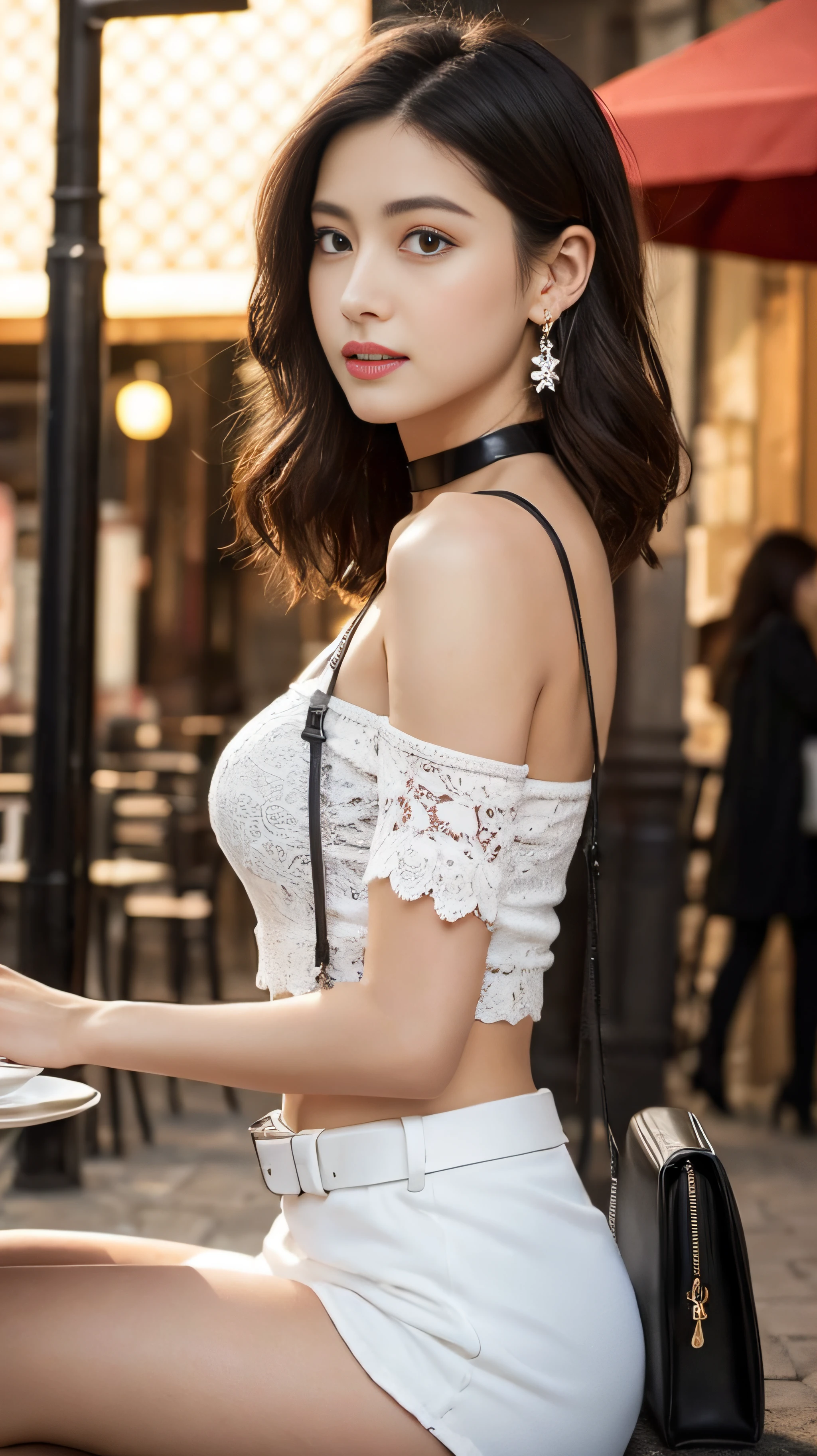 NSFW、Front Angle、(8K、top-quality、masterpiece:1.2)、(realisitic、Photorealsitic:1.37)、ultra-detailliert、1 girl in、looking at the viewers、Beautiful detailed sky、Detailed Cafe Street、sitting on、full_Body、small head、Complex choker、Cute legs:1.2、long legged:1.2、Slim legs、high-heels:1.3、white sock:1.4、Medium chest、high-waisted、narrow waists、off shoulders、a belt、Short bottom、beatiful detailed eyes、 during daytime、Warm tones、Black lace、(length hair:1.4)、Silver midium hair、de pele branca、Cinematic Light、streetlights、(Tea table:1)、(hand bag:1)、