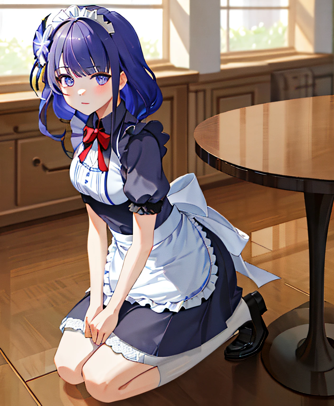 masterpiece, best quality, 1girl, solo, raiden_genshin, office lady, maid uniform, maid, apron, maid headdress, kneeling, seiza