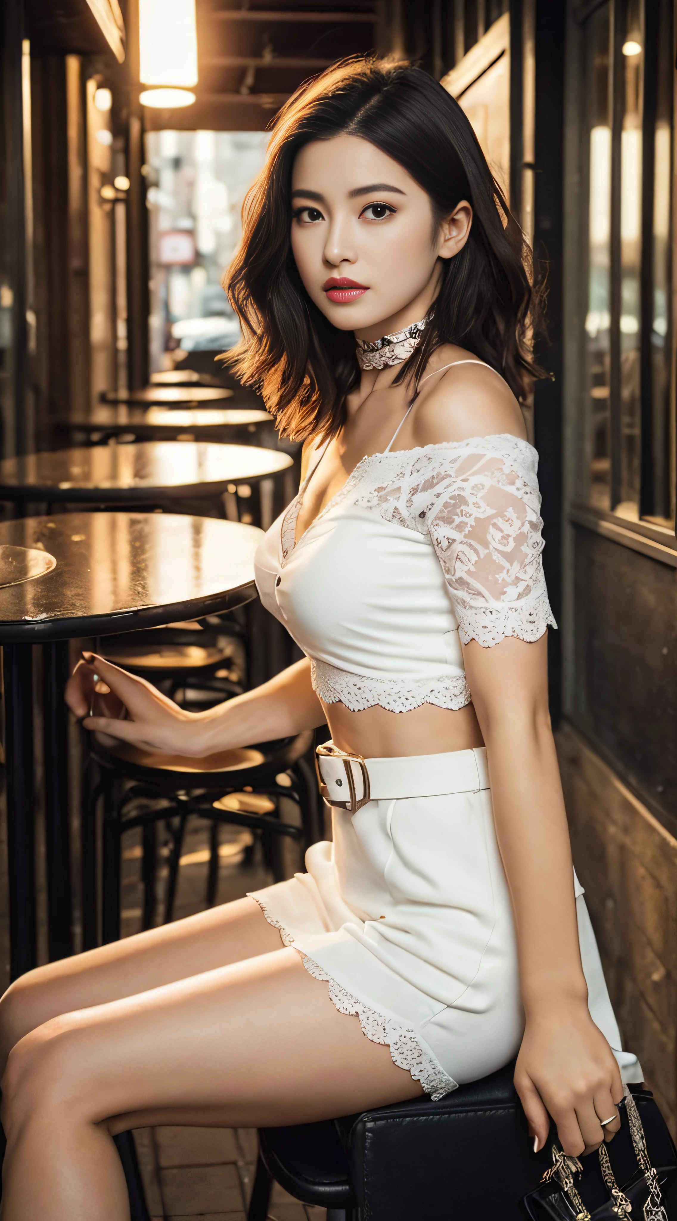 NSFW、Front Angle、(8K、top-quality、​masterpiece:1.2)、(realisitic、Photorealsitic:1.37)、ultra-detailliert、1 girl in、looking at the viewers、Beautiful detailed sky、Detailed Cafe Street、sitting on、full_Body、small head、Complex choker、Cute legs:1.2、long legged:1.2、Slim legs、high-heels:1.3、white sock:1.4、Medium chest、high-waisted、narrow waists、off shoulders、a belt、Short bottom、beatiful detailed eyes、 during daytime、Warm tones、Black lace、(length hair:1.4)、Silver midium hair、de pele branca、Cinematic Light、streetlights、(Tea table:1)、(hand bag:1)、