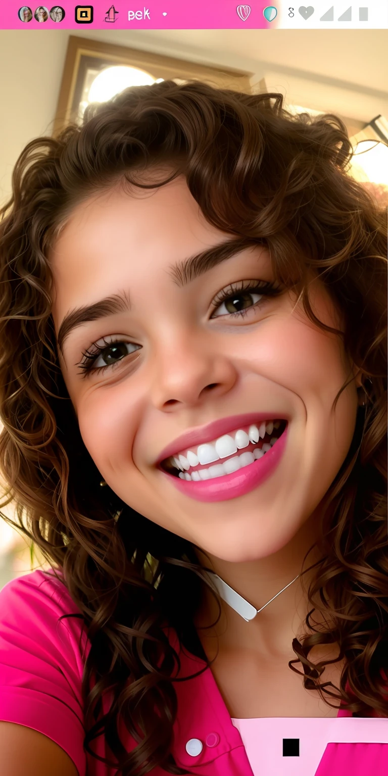 There is a girl with curly hair smiling and wearing a pink shirt, dentes dianteiros grandes, she is smiling and excited, grande sorriso em seu rosto, dentes redondos e rosto pateta, she is smiling and happy, Poarch bonito, sorriso muito grande, happily smiling at the camera, pequeno sorriso largo, dentes tortos, foto de perfil, foto do snapchat, sorriso inquietante