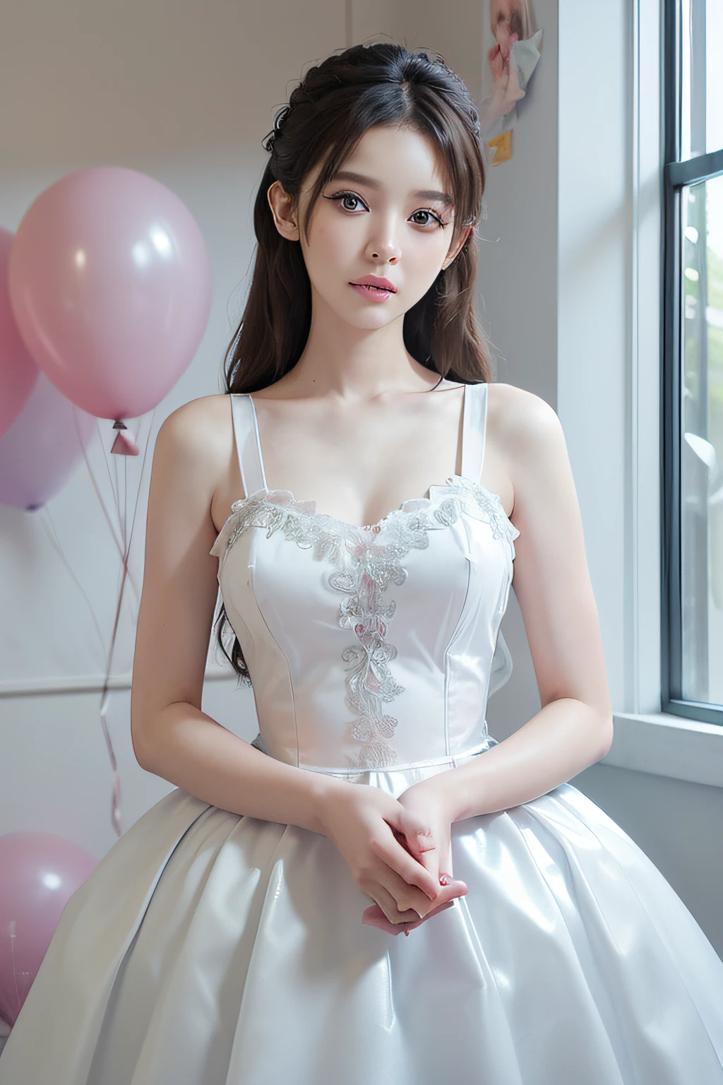 (Masterpiece:1.2),(CGI Art:1.3),(Realistic:1.5),(post-proces:1.3),(Sharp focus:1.3),8K,1 girl in bedroom, ((Upper body)), ((White dress)), (((Shiny skin))), (Wide shot:1.4), window, (((Pastel balloons MESS IN BACKGROUND))), (high shadows detail) , (illustration:1.2), (Ulzzang-6500:1.0), ((hdr)),