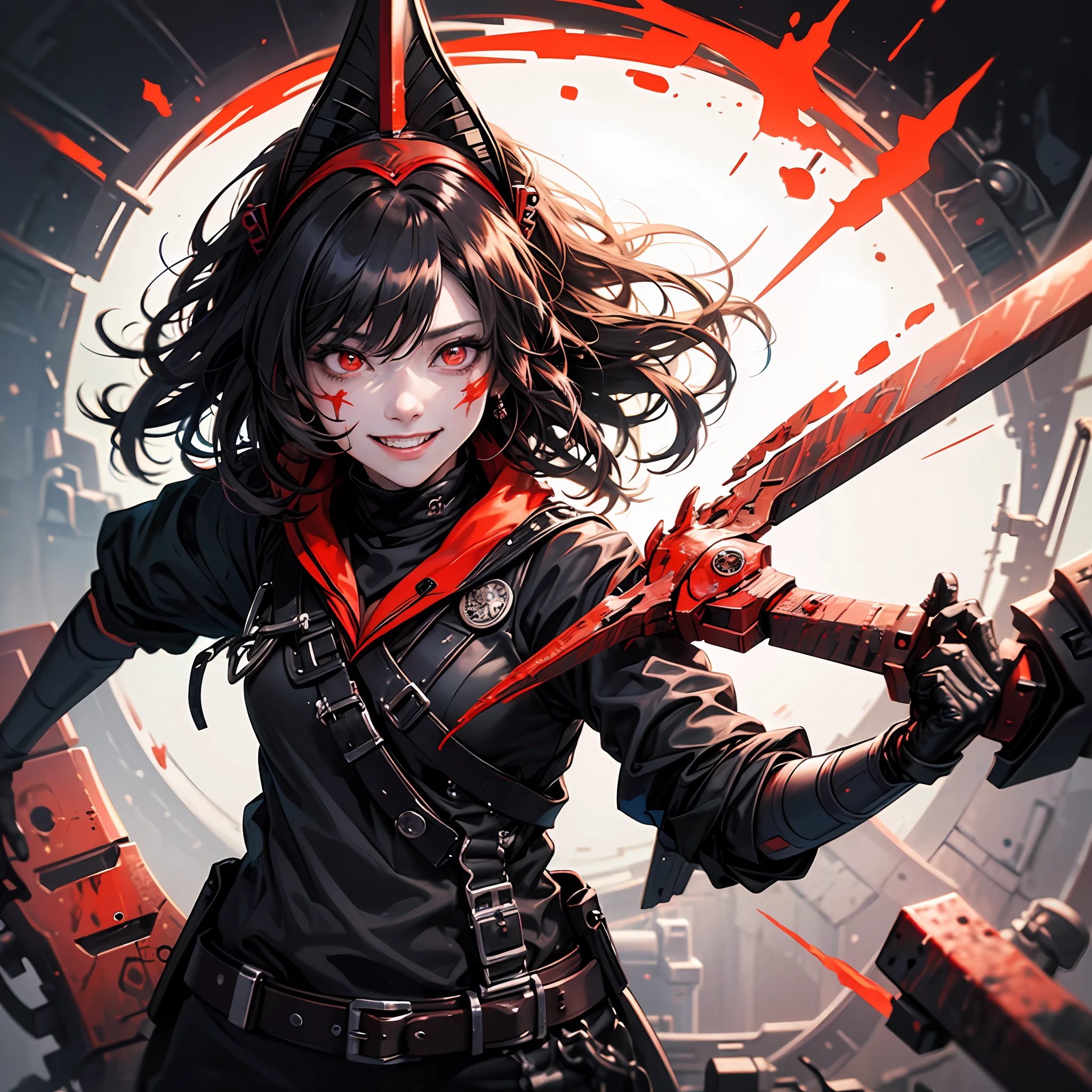 tmasterpiece，Close-up of a woman with blood red eyes，grinning smile，Red and black gradient hair，Confused pupils，style of junji ito，Morbid style，Shy，Stitch marks on the face，Black and white clothes，with  red and black background，Highest image quality，fearsome，8K