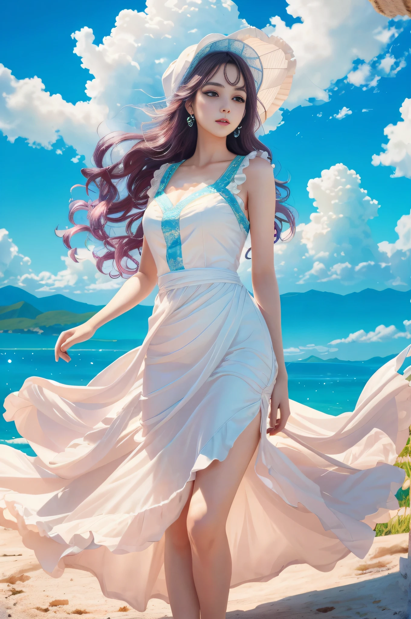 araffe in a white dress and hat walking on a beach, flowing dress, fantasy art style, artwork in the style of guweiz, fantasy beautiful, beautiful anime woman, beautiful alluring anime woman, beautiful digital artwork, beautiful digital illustration, beautiful anime girl, beautiful fantasy maiden, beautiful fantasy art, anime style. 8k, anime style 4 k