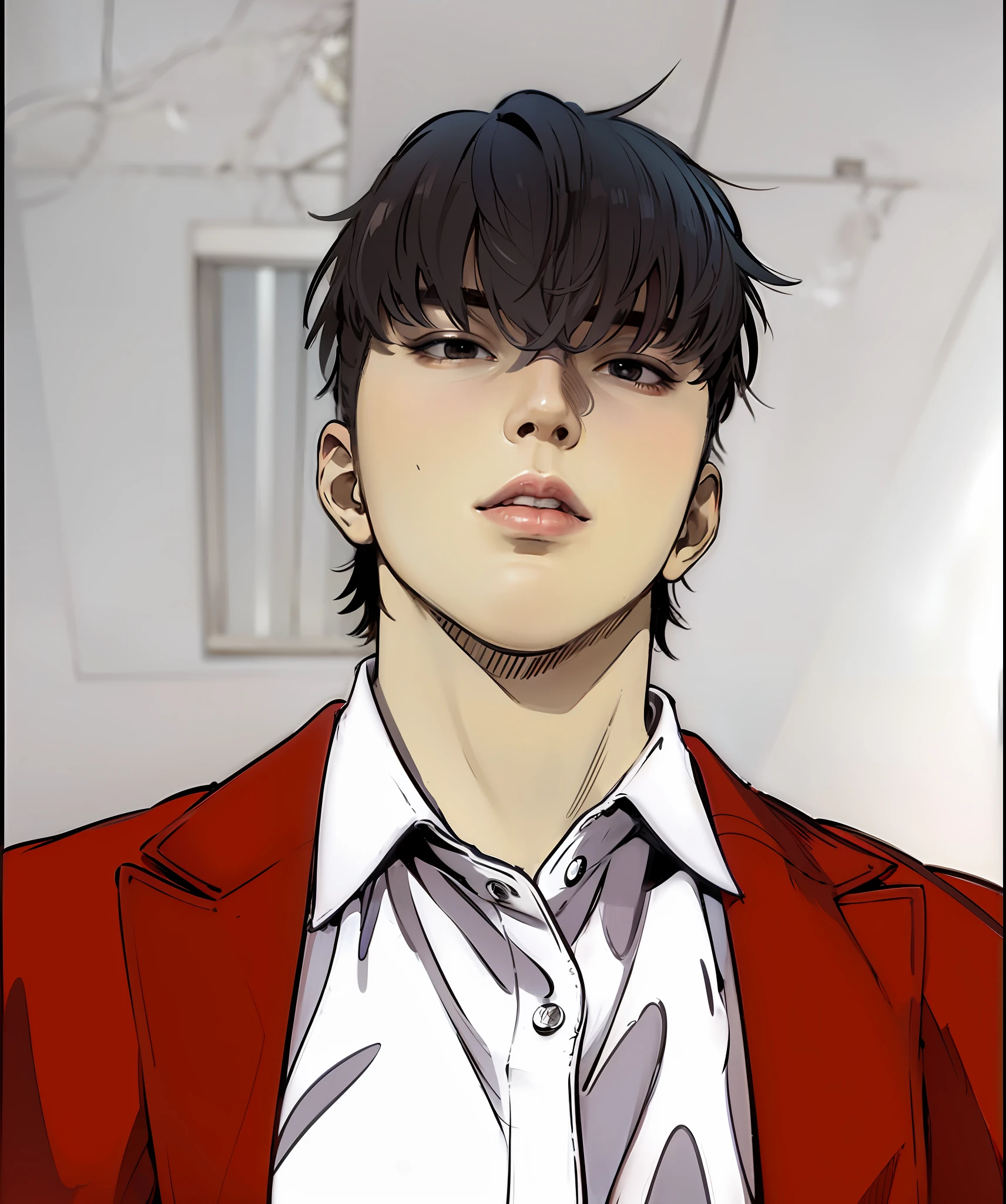 masterpiece, 1boy, arrogant eyes serious face, mullet cut hair, school uniform, collared shirt, red blazer, buttoned shirt, close up, looking down at viewers