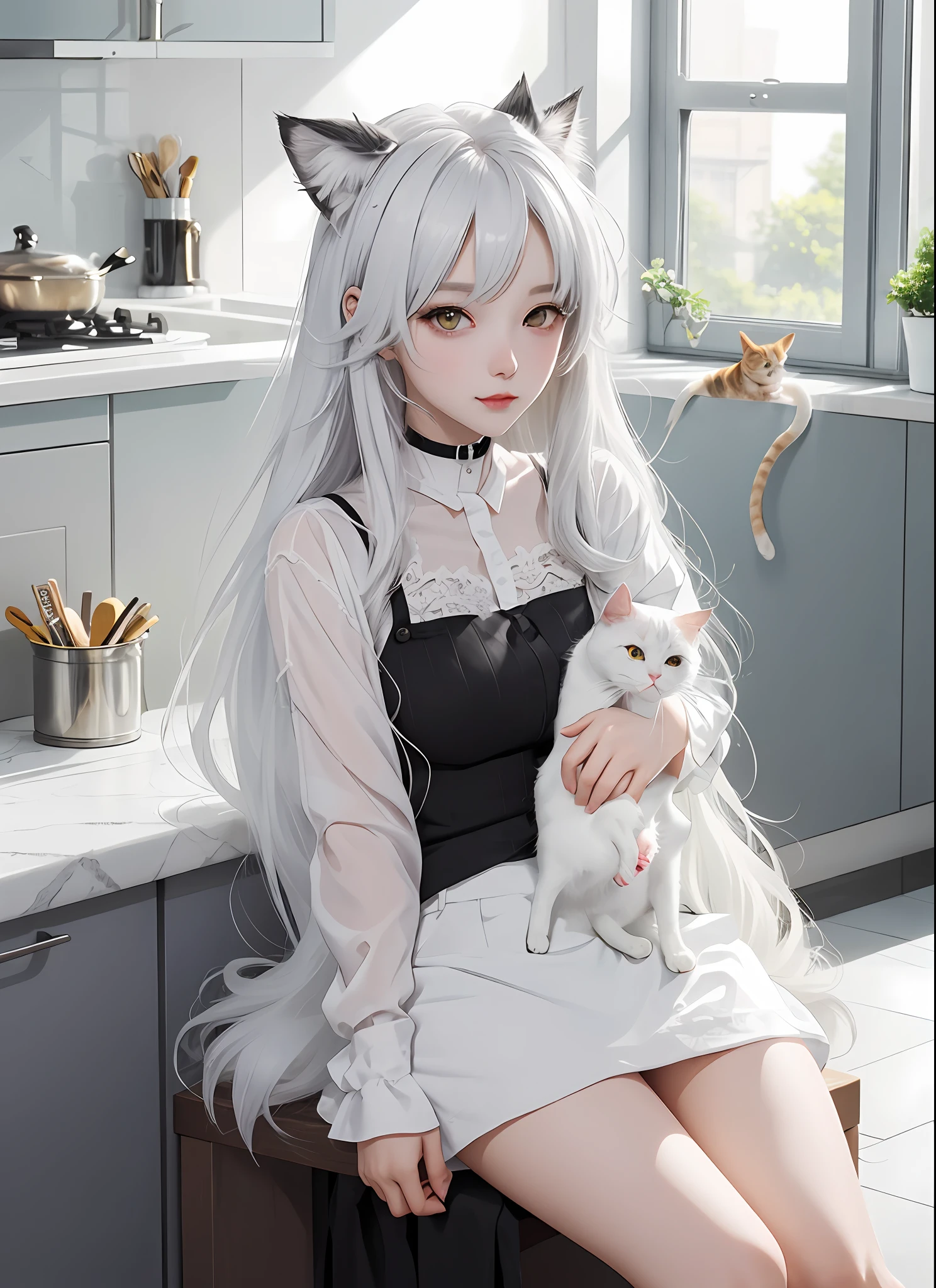 anime girl sitting on a counter with a cat on her lap, white cat girl, anime girl with cat ears, beautiful anime catgirl, girls frontline style, artwork in the style of guweiz, very beautiful anime cat girl, cute anime catgirl, perfect white haired girl, guweiz on pixiv artstation, from girls frontline, guweiz