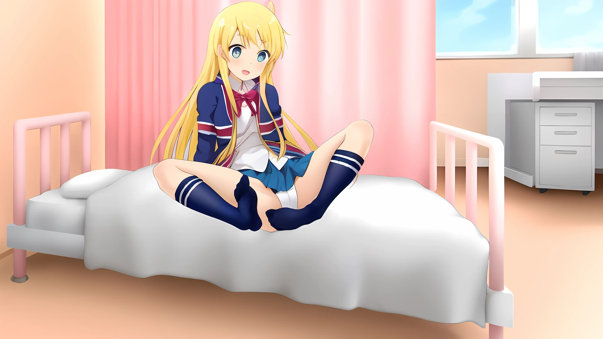Anime girl sitting on bed in room with pink curtains, Anime Best Girl, Ecchi anime style, sitting on a bed, beautiful anime high school girl, Anime girl named Lucy, sitting on her bed, the anime girl is crouching, Cute anime girl, Sitting on the bed, blonde anime girl with long hair, pretty anime girl, (Anime Girl)