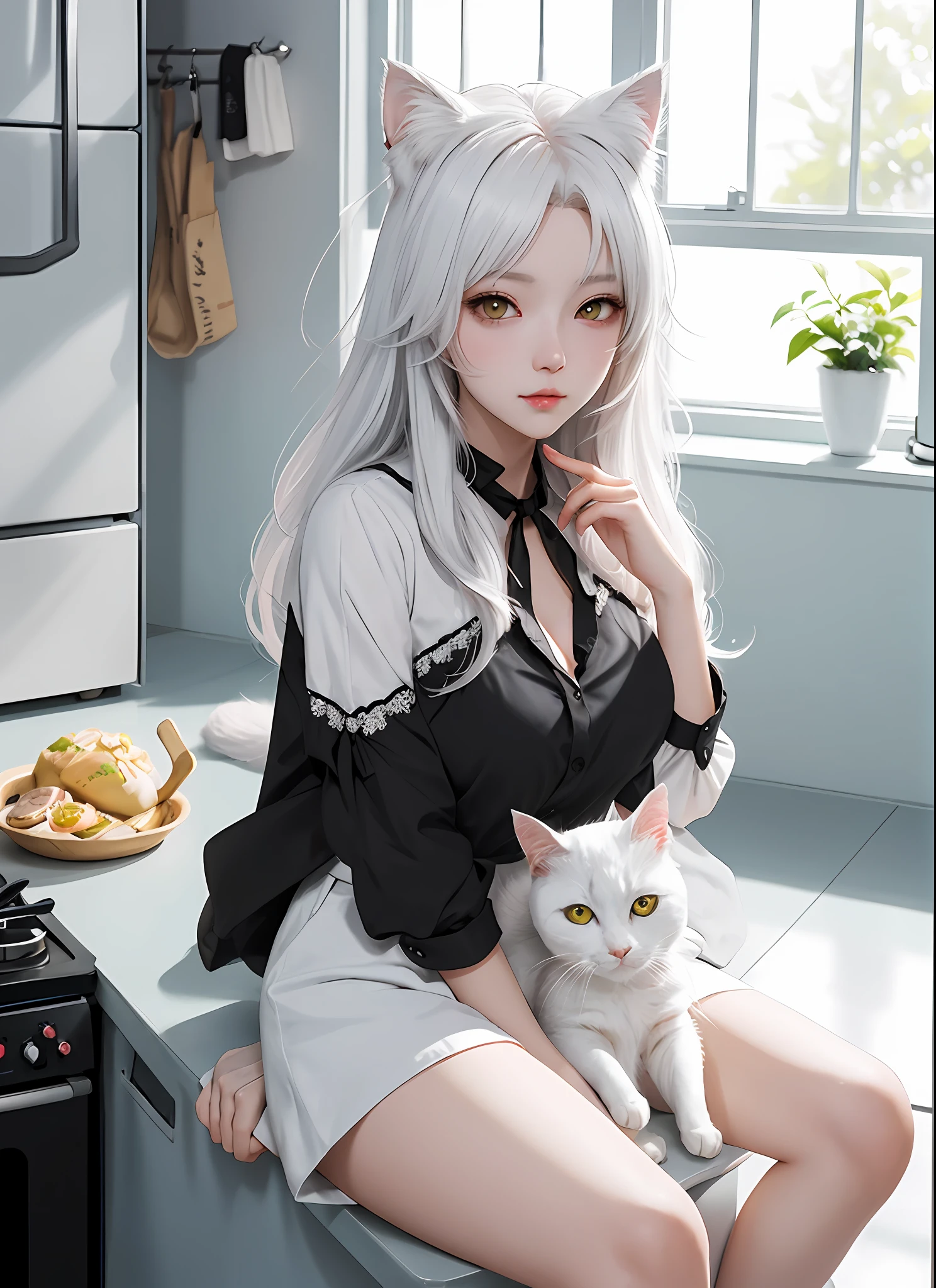 anime girl sitting on a counter with a cat on her lap, white cat girl, anime girl with cat ears, beautiful anime catgirl, girls frontline style, artwork in the style of guweiz, very beautiful anime cat girl, cute anime catgirl, perfect white haired girl, guweiz on pixiv artstation, from girls frontline, guweiz