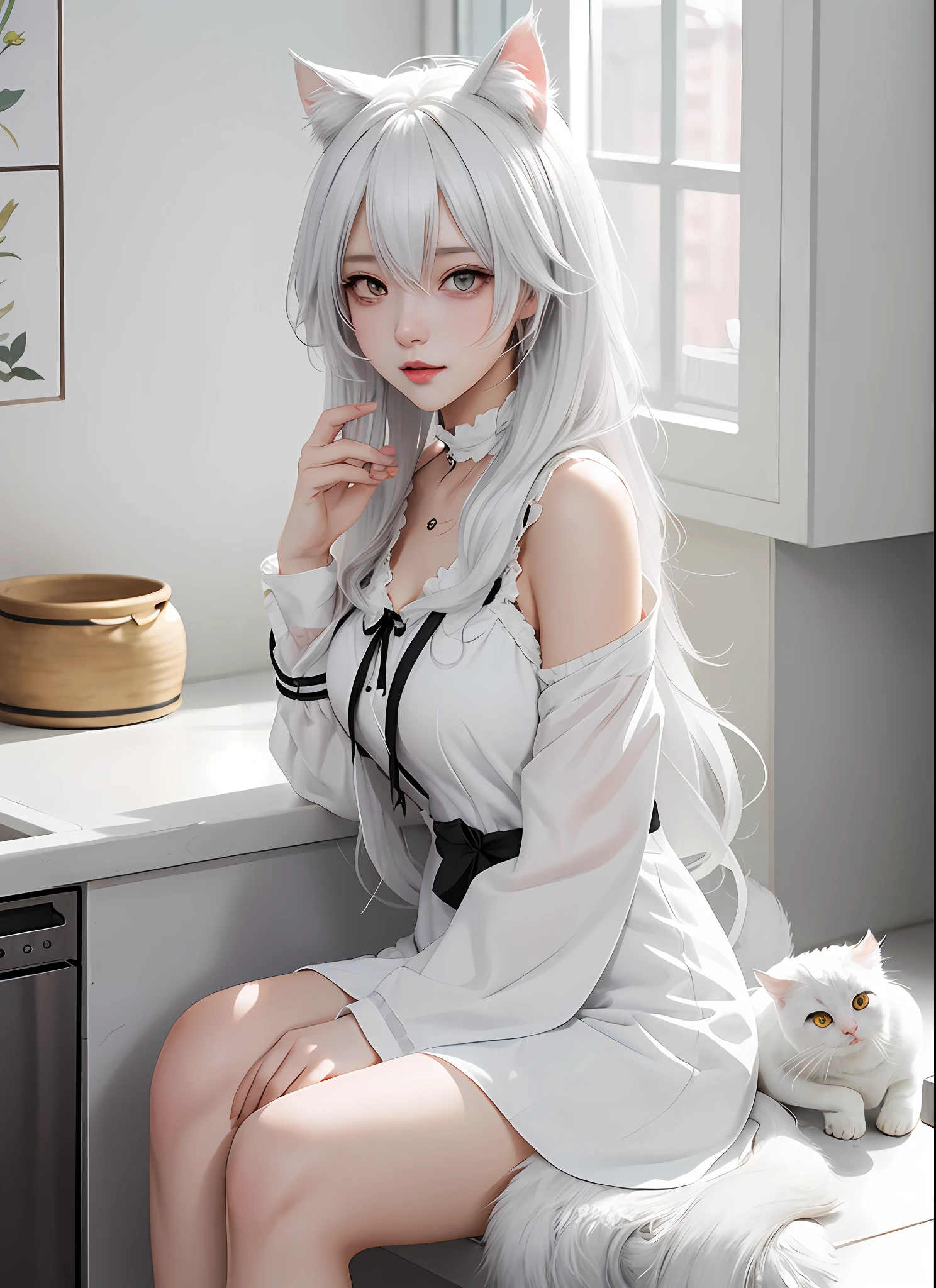anime girl sitting on a counter with a cat on her lap, white cat girl, anime girl with cat ears, beautiful anime catgirl, girls frontline style, artwork in the style of guweiz, very beautiful anime cat girl, cute anime catgirl, perfect white haired girl, guweiz on pixiv artstation, from girls frontline, guweiz