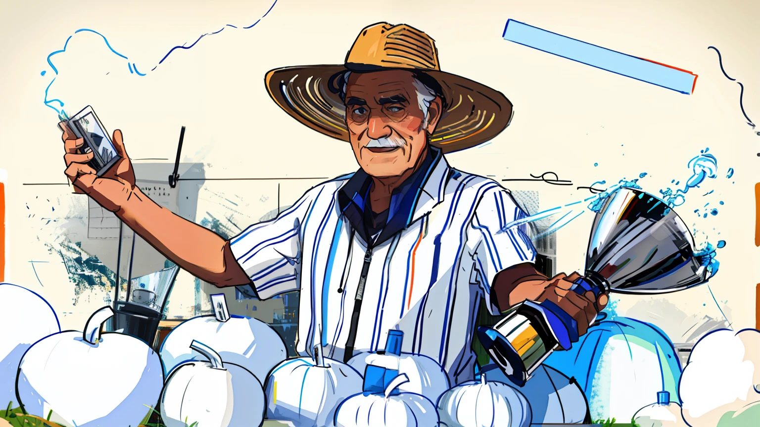 wireframes，Thick strokes，handpainted，A old man，male people，Left-handed card，Right hand trophy