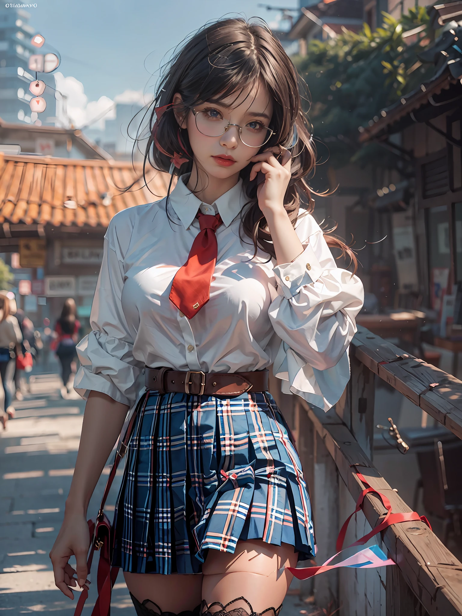 Pleated skirt in dark blue with tartan check