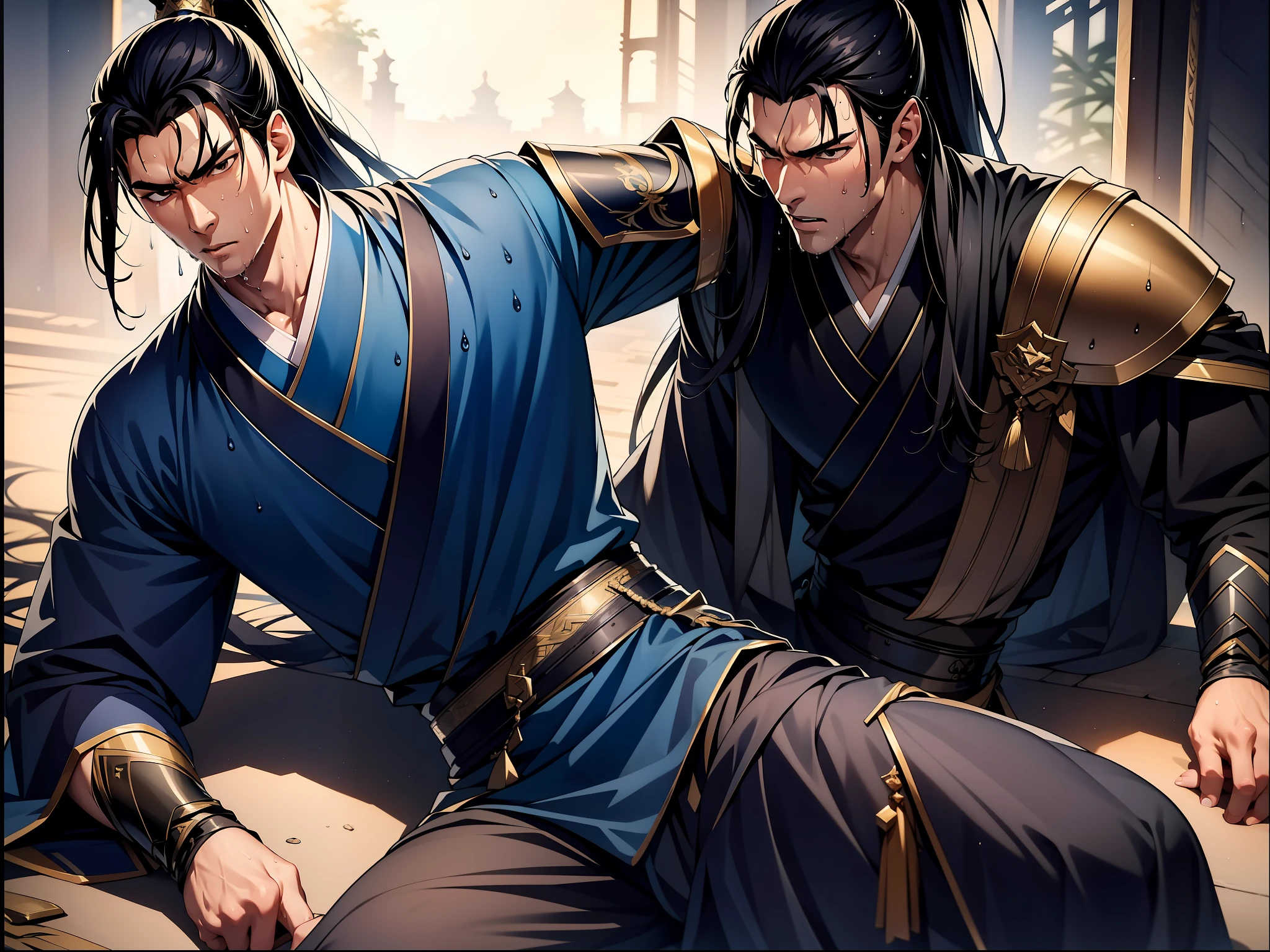 Two-dimensional, anime style, man (male warrior), muscle, correct proportions, face details, martial arts, high ponytail hairstyle, sweating, sweaty face, drooling, neck details, with Adam's apple, wet, wet, Hanfu costume, long robe, embroidered robe, dragon robe, clothing details, collar, long sleeves, game quality, swordsman demeanor, light and shadow tracing, ray tracing, detail glow, CG rendering, hair details, long black hair, golden eyes, sweaty face, handsome, handsome, sweat beads slipping down the neck, (juvenile feeling), complex clothing, wet, wet, perfect composition, refinement, high quality, more details, a lot of details, complex background, atmosphere,