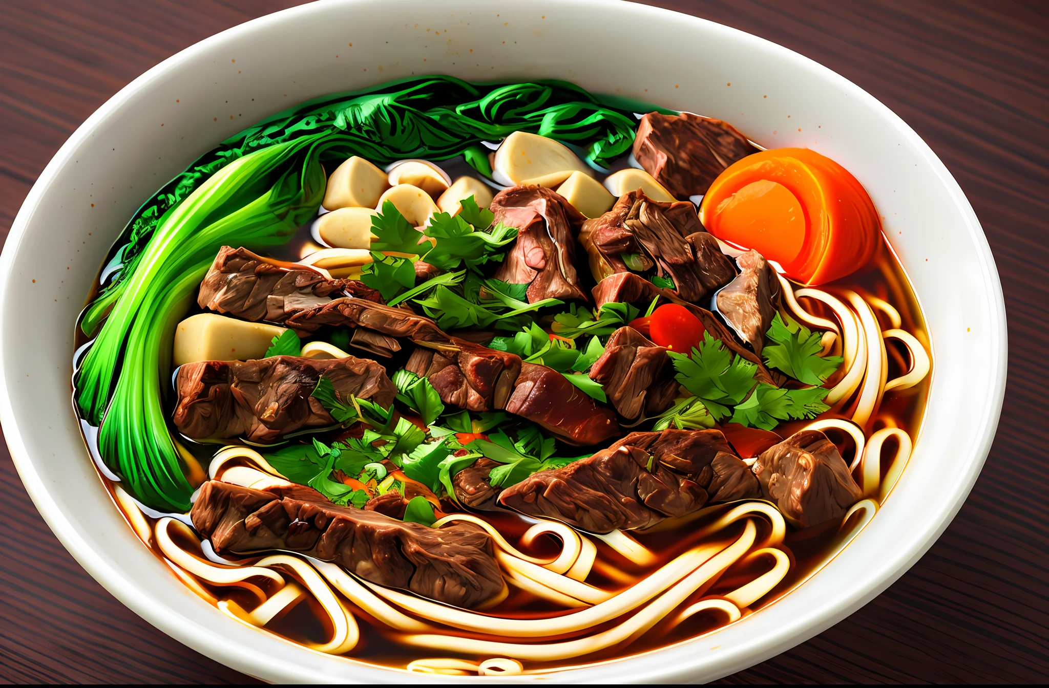 a bowl of beef noodle soup, ((masterpiece)),illustration,high detail, soft lighting, delicious, colorful, aesthetically pleasing, studio lighting, trending