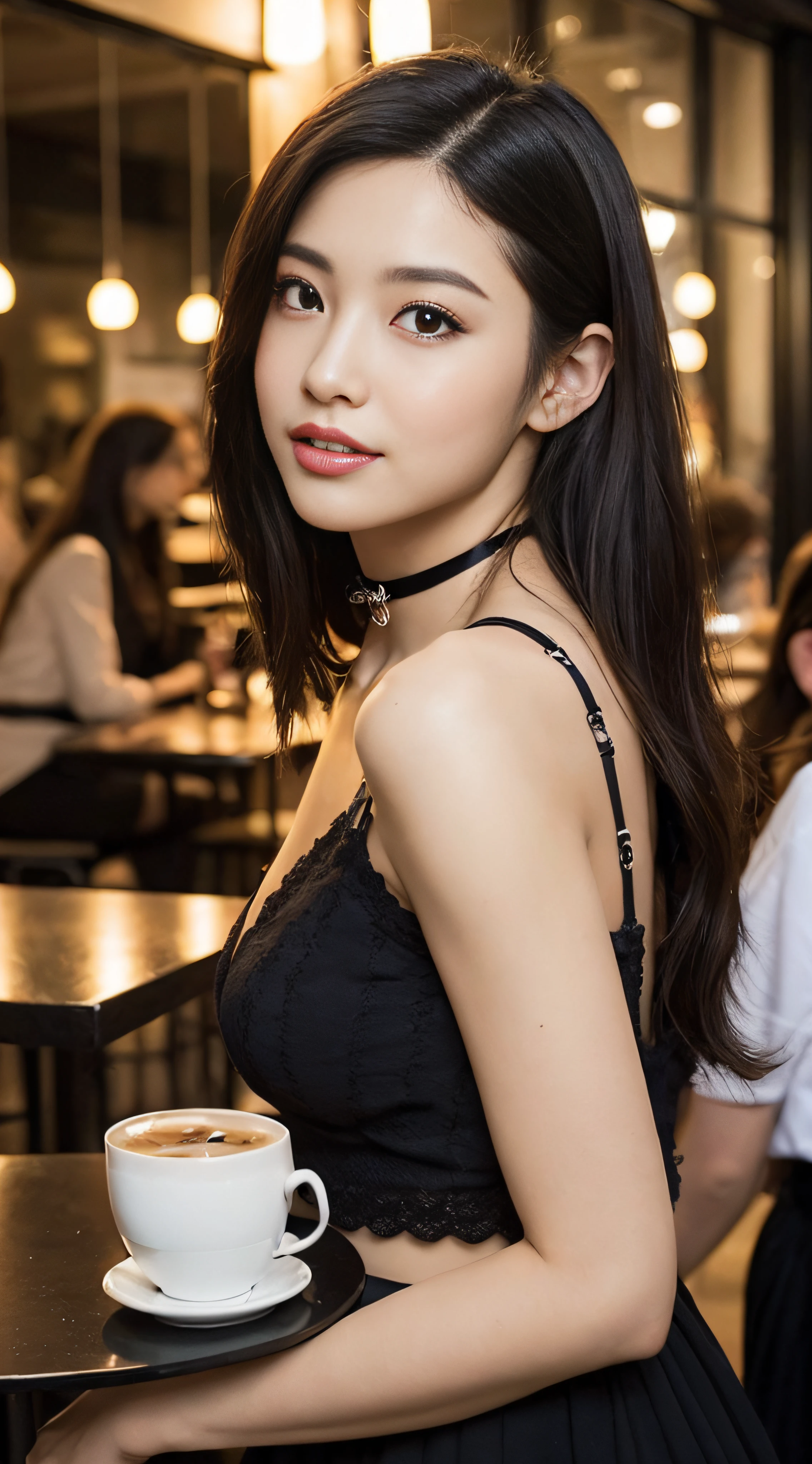 NSFW、Front Angle、(8K、top-quality、masterpiece:1.2)、(realisitic、Photorealsitic:1.37)、ultra-detailliert、1 girl in、looking at the viewers、Beautiful detailed sky、Detailed Cafe Street、sitting on、full_Body、small head、Complex choker、Cute legs:1.2、long legged:1.2、Slim legs、high-heels:1.3、white sock:1.4、Medium chest、high-waisted、narrow waists、off shoulders、a belt、Short bottom、beatiful detailed eyes、 during daytime、Warm tones、Black lace、(length hair:1.4)、Silver midium hair、de pele branca、Cinematic Light、streetlights、(Tea table:1)、(hand bag:1)、