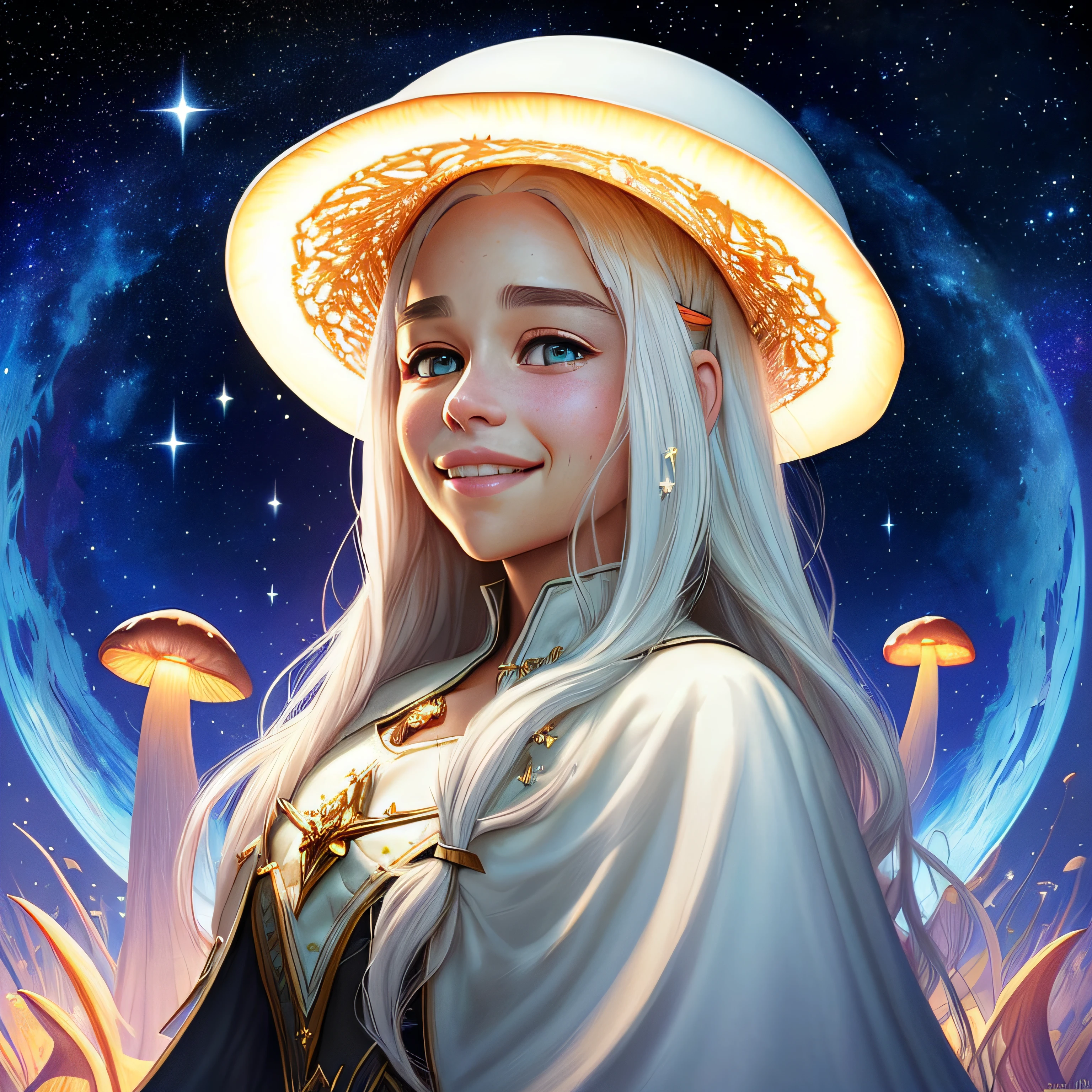 (((meio retrato))), (((there's Emilia Clarke is smiling has long white hair sitting to a mushroom field she has gothic costume ))), (((A flying saucer is visible in the sky))), (((Background visible universe))), (((estrelas vermelhas sao visiveis no ceu))), (((it's at night))), Beautiful digital illustration, painting digital adorable, pintura realista da bonito, retrato bonito da arte da fantasia, retrato bonito da fantasia, bela arte digital, stunning digital illustration, a beautiful artwork illustration, Digital painting nice, lindo pintura digital, retrato da arte da fantasia, bela arte digital, sombra realista,