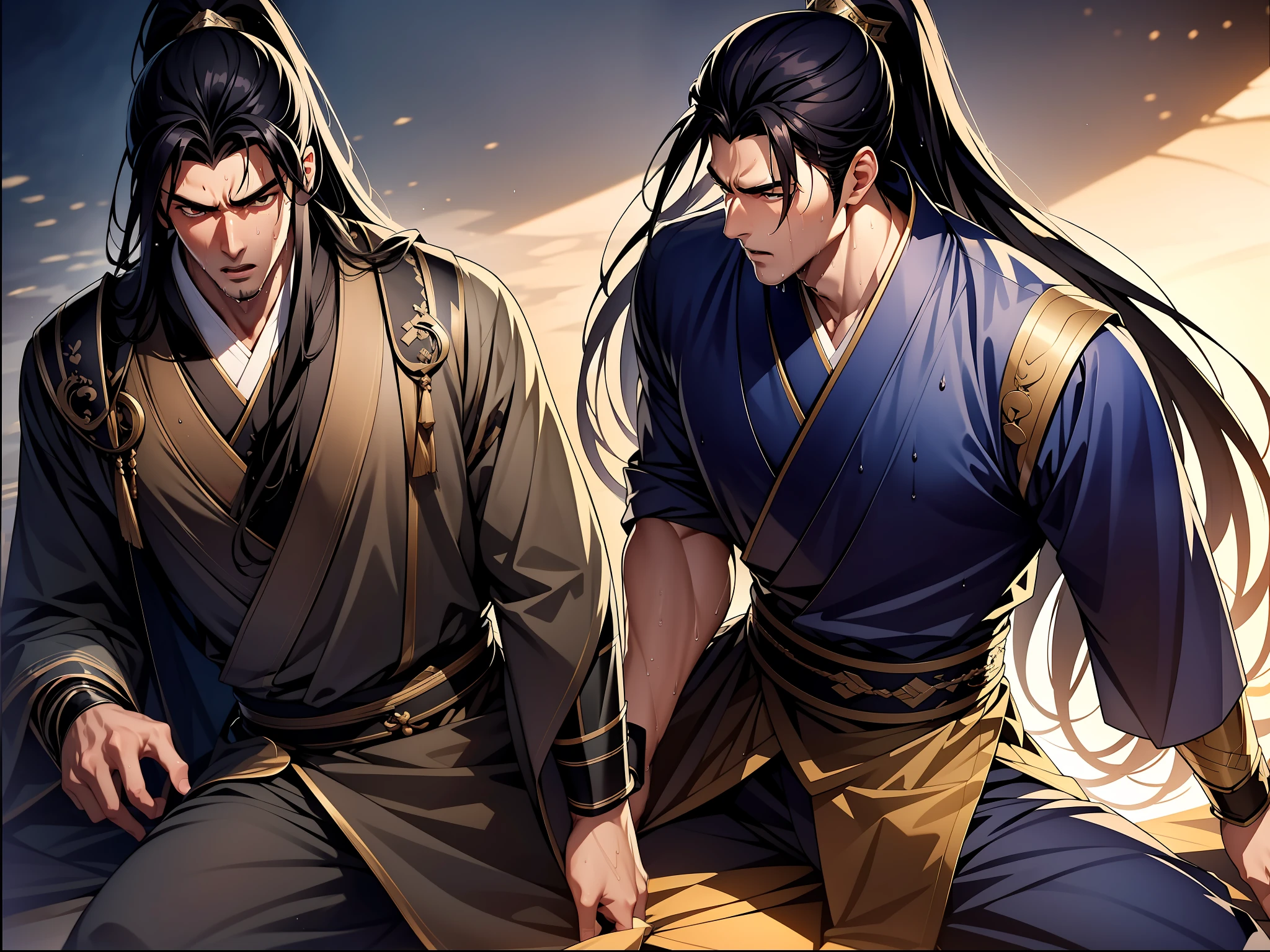 Two-dimensional, anime style, man (male warrior), muscle, correct proportions, face details, martial arts, high ponytail hairstyle, sweating, sweaty face, drooling, neck details, with Adam's apple, wet, wet, Hanfu costume, long robe, embroidered robe, dragon robe, clothing details, collar, long sleeves, game quality, swordsman demeanor, light and shadow tracing, ray tracing, detail glow, CG rendering, hair details, long black hair, golden eyes, sweaty face, handsome, handsome, sweat beads slipping down the neck, (juvenile feeling), complex clothing, wet, wet, perfect composition, refinement, high quality, more details, a lot of details, complex background, atmosphere,
