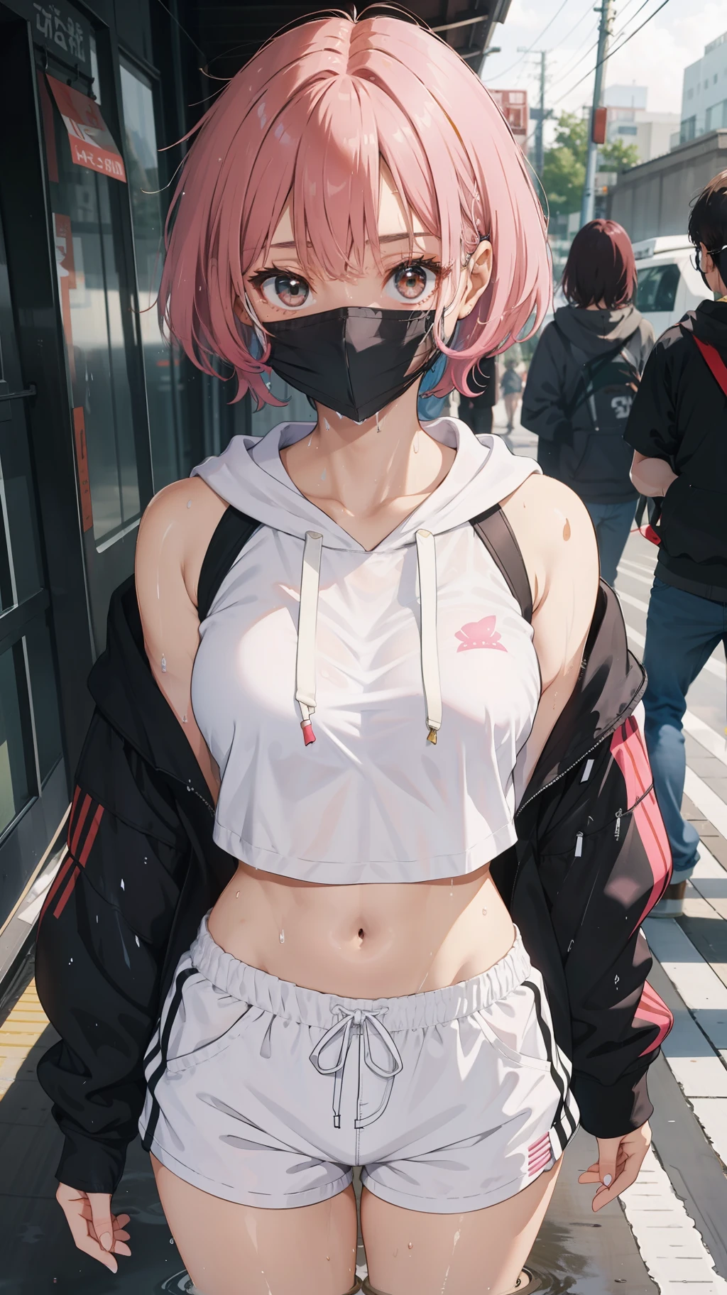 1 beautiful tomboy girl with medium breast,Ted pink hair, white top crop Hoodie white short pants white sneaker mask on face wet (wet chlotes:0.9)