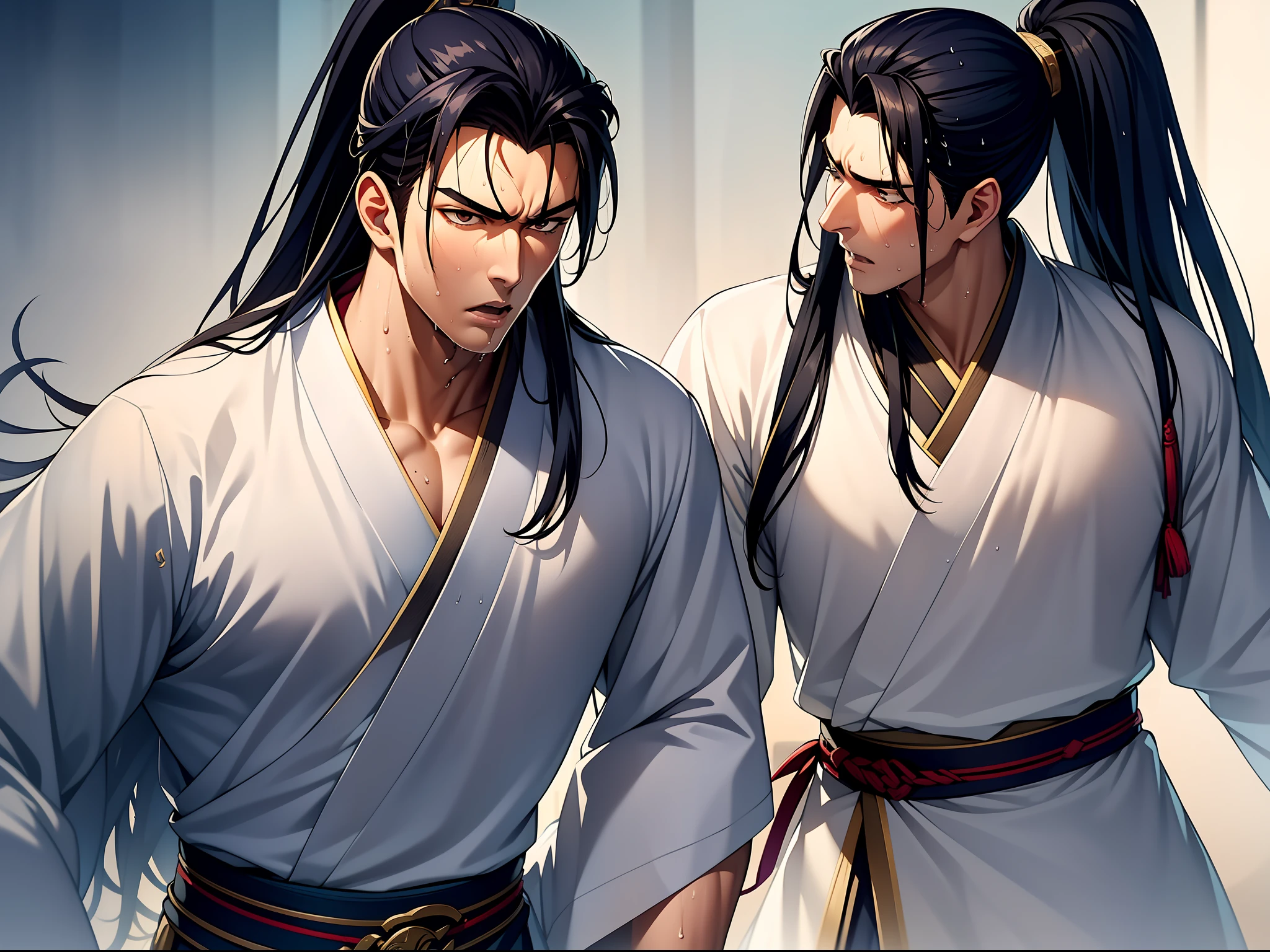 Two-dimensional, anime style, man (male warrior), muscle, correct proportions, face details, martial arts, high ponytail hairstyle, sweating, sweaty face, drooling, neck details, with Adam's apple, wet, wet, Hanfu costume, long robe, embroidered robe, dragon robe, clothing details, collar, long sleeves, game quality, swordsman demeanor, light and shadow tracing, ray tracing, detail glow, CG rendering, hair details, long black hair, golden eyes, sweaty face, handsome, handsome, sweat beads slipping down the neck, (juvenile feeling), complex clothing, wet, wet, perfect composition, refinement, high quality, more details, a lot of details, complex background, atmosphere,