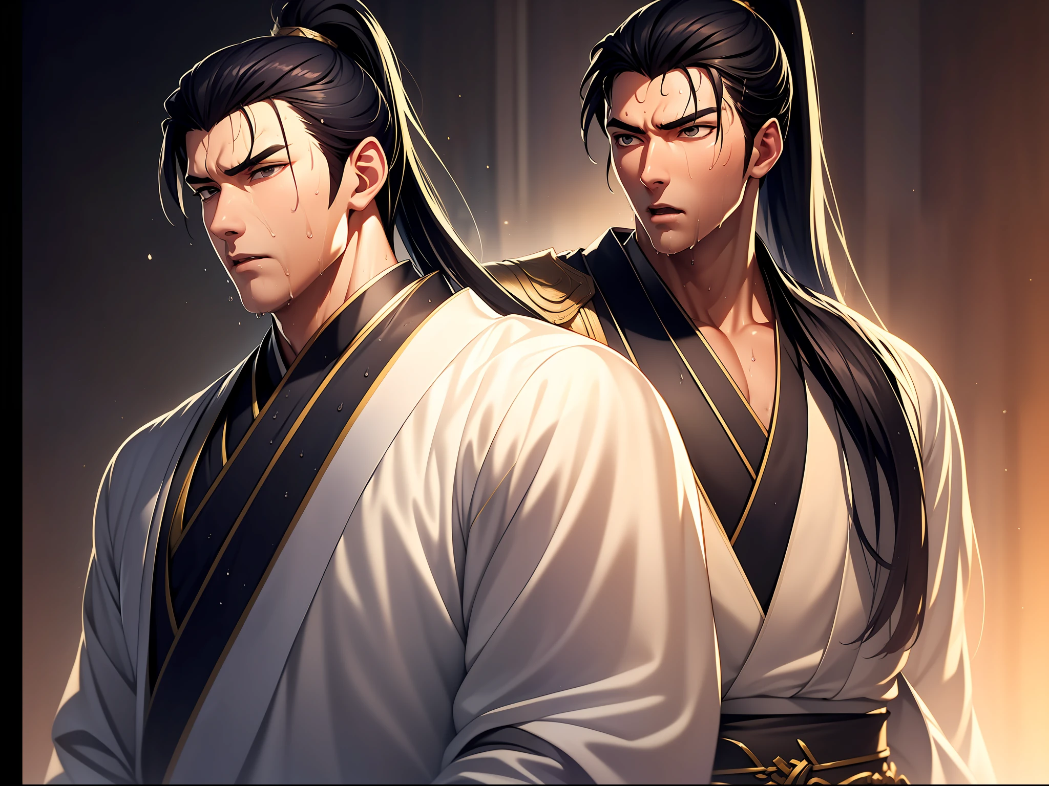 Two-dimensional, anime style, man (male warrior), muscle, correct proportions, face details, martial arts, high ponytail hairstyle, sweating, sweaty face, drooling, neck details, with Adam's apple, wet, wet, Hanfu costume, long robe, embroidered robe, dragon robe, clothing details, collar, long sleeves, game quality, swordsman demeanor, light and shadow tracing, ray tracing, detail glow, CG rendering, hair details, long black hair, golden eyes, sweaty face, handsome, handsome, sweat beads slipping down the neck, (juvenile feeling), complex clothing, wet, wet, perfect composition, refinement, high quality, more details, a lot of details, complex background, atmosphere,