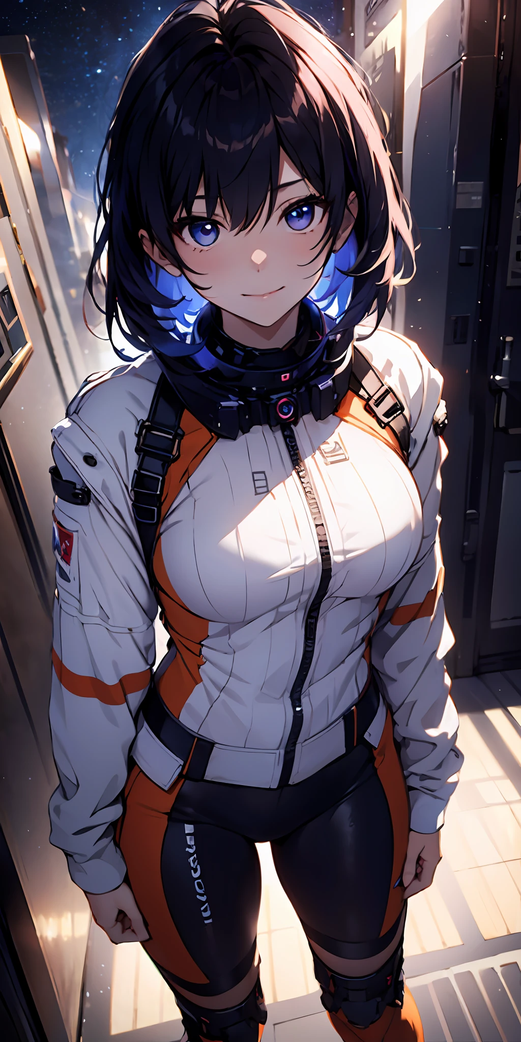 absurd res, high-resolution, (巨作:1.4), A highly detailed, 1girl, from above, space, floating, Space Suit, sharp focus, (cinematic lighting), (1girl), slight smile