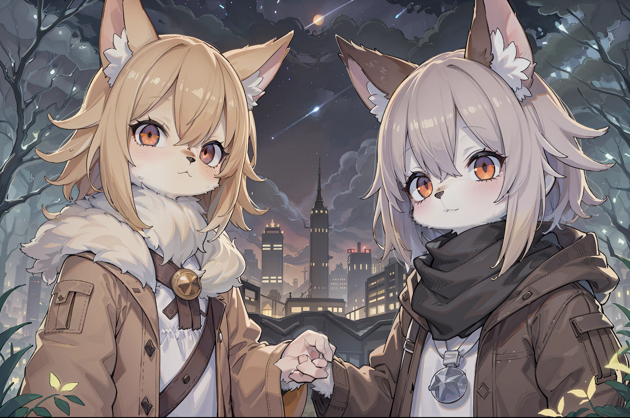 Shota the fox,hairy pubic,shaggy,Skin fur,Golden fur,Golden yellow face fur,Short straight blonde hair,Eyes have light,Red eyes,Brown elements on fur,Brown coat brown hood up,Star pattern white top,brown shorts,Beautiful lights and shadows,Ambient light,Ultra-fine fur,volumettic light,natural lightting,Fluffy tail,Post-apocalyptic city ruled by plants,Night,starrysky,Vast landscape,crossed bangs, Hairline, Shiny hair, lone nape hair, ,Dilated pupils,Sleepy,(moon full:1.2),(meteors:0.9),(Starcloud:1.3)(Warm light source:1.2),Rained,wetclothes, (overcast sky, Standing downpour:1.1), Extra-long sleeves, Purple and orange,Complicated details,Volumetriclighting,Realist breakthrough(tmasterpiece:1.2)(best qualtiy),4K,Ultra-delicate,(Dynamic configuration:1.4),Highly detailed and colorful details,(Irridescent color :1.2),(luminouslighting,Atmospheric lighting),dream magical,magic,(独奏:1.2)Glowing light,Empty eyes