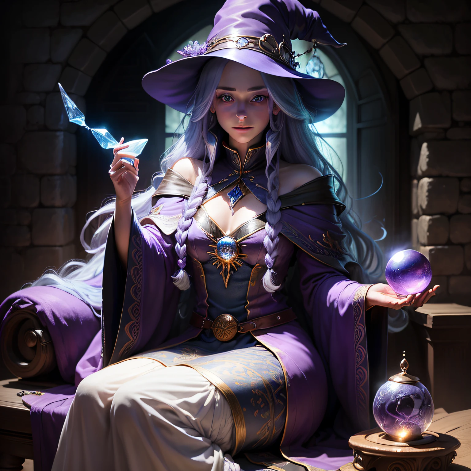 A beautiful sorceress,With a wizard hat,Sit in the magic house,Holding a crystal ball in his hand,Long lavender hair,blue color eyes,Ghostly smile, k hd --auto
