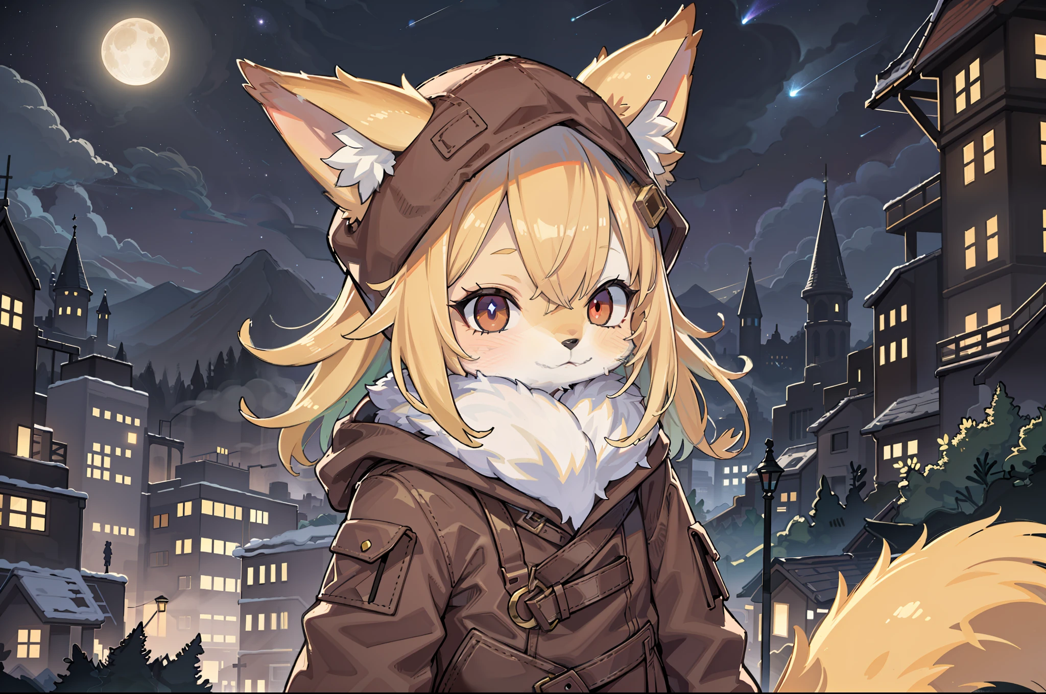 Shota the fox,hairy pubic,shaggy,Skin fur,Golden fur,Golden yellow face fur,Short straight blonde hair,Eyes have light,Red eyes,Brown elements on fur,Brown coat brown hood up,Star pattern white top,brown shorts,Beautiful lights and shadows,Ambient light,Ultra-fine fur,volumettic light,natural lightting,Fluffy tail,Post-apocalyptic city ruled by plants,Night,starrysky,Vast landscape,crossed bangs, Hairline, Shiny hair, lone nape hair, ,Dilated pupils,Sleepy,(moon full:1.2),(meteors:0.9),(Starcloud:1.3)(Warm light source:1.2),Rained,wetclothes, (overcast sky, Standing downpour:1.1), Extra-long sleeves, Purple and orange,Complicated details,Volumetriclighting,Realist breakthrough(tmasterpiece:1.2)(best qualtiy),4K,Ultra-delicate,(Dynamic configuration:1.4),Highly detailed and colorful details,(Irridescent color :1.2),(luminouslighting,Atmospheric lighting),dream magical,magic,(独奏:1.2)Glowing light,Empty eyes