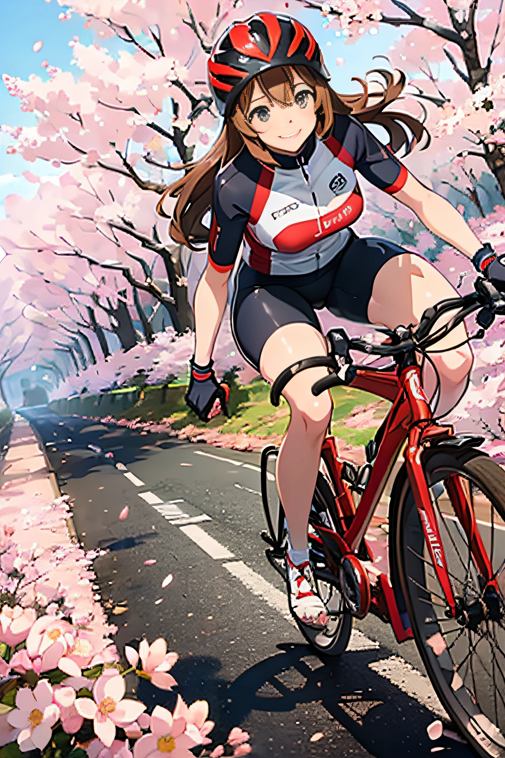 Ride a red bike down the hill,japanese animation,Cinematic,Sunlight,elegant girl ,big butts、Cheerful smile,(Black White Red Tight Bicycle Jersey,)Wearing a black-white-red bicycle helmet,big brest,( shiny short reddish-brown hair,)Cherry blossom with falling petals,Detailed hairstyles,Insanely detailed