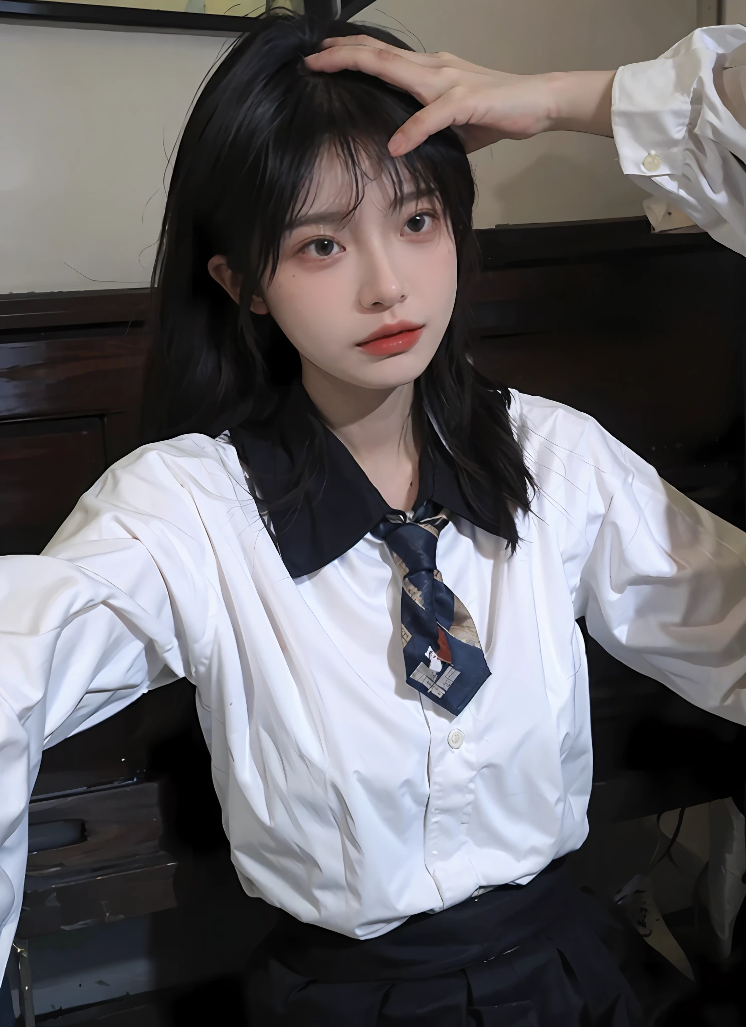 best qualtiy，tmasterpiece，超高分辨率，（realisticlying：1.4），1girll，Raised sexy，school ground，（Shirts and ties of random colors：1.2），（brassier：1.2），（Bigchest：1.3），（The upper part of the body：1.4）