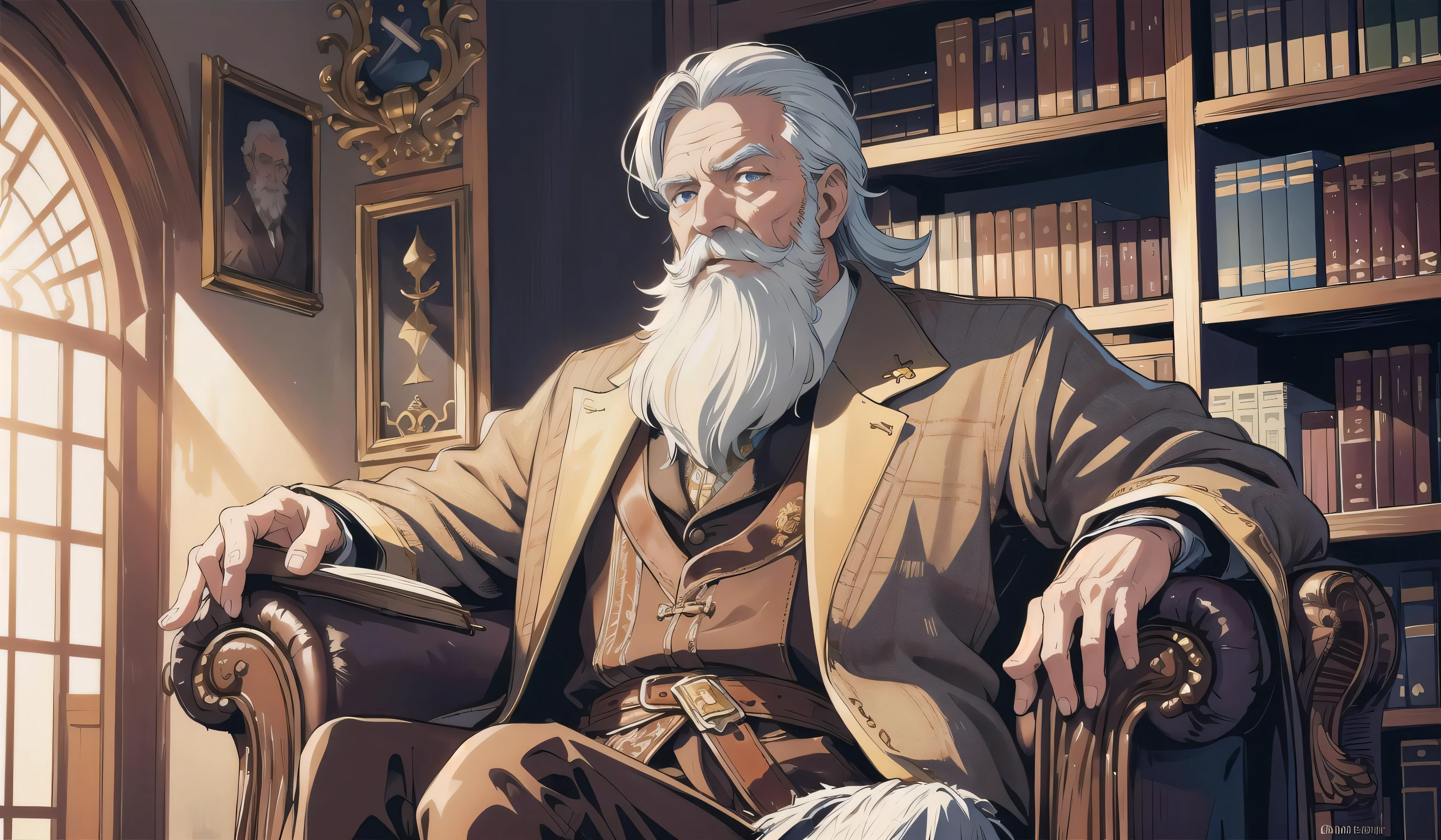 A portrait of a wise, elderly man with a long white beard and piercing blue eyes, seated in an ornate armchair in front of a towering bookcase filled with leather-bound tomes. He wears a tweed jacket and bow tie, and his weathered hands hold a worn leather-bound journal. Soft sunlight filters through a nearby window, casting warm golden hues on the scene. The man's expression is serene and contemplative, hinting at a lifetime of accumulated knowledge and experience.