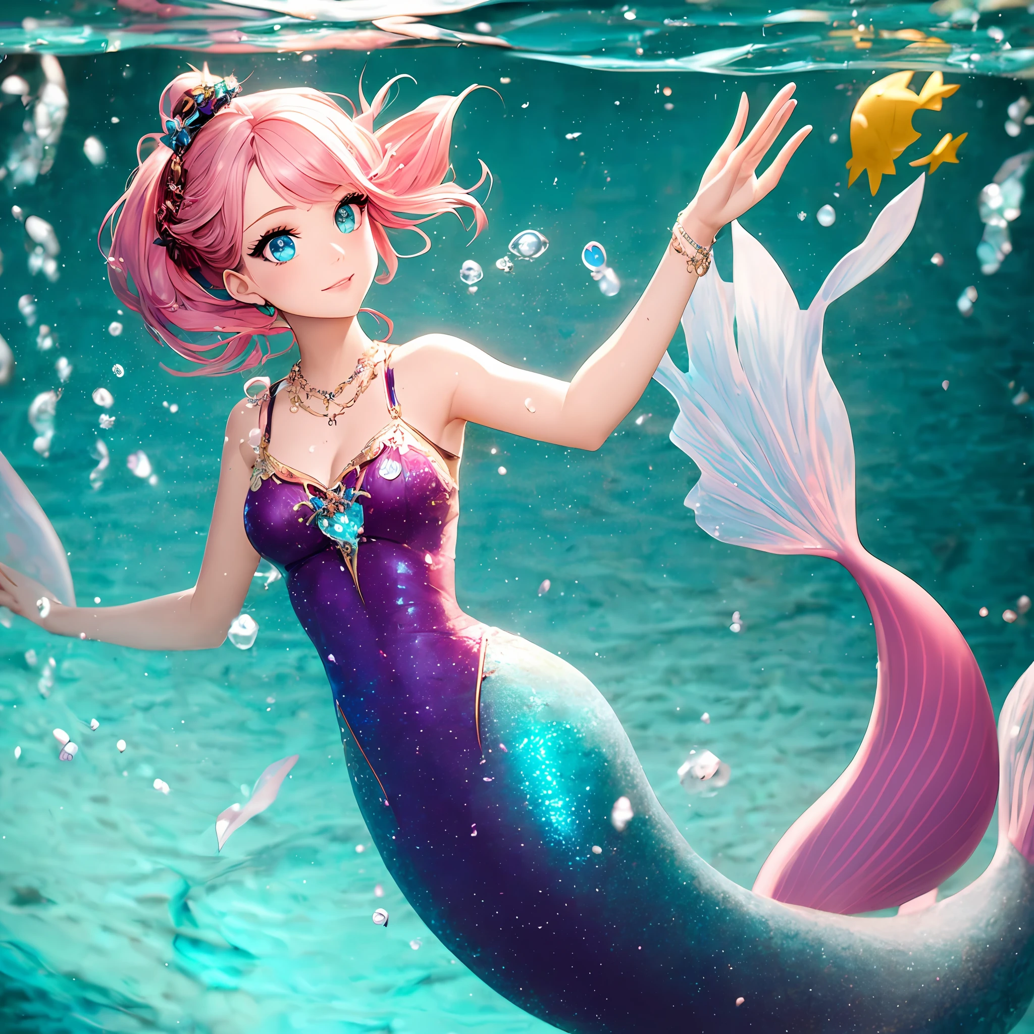 In the enchanting world of Pixar movies, there exists a charming and adorable mermaid with a vibrant personality. Her appearance is reminiscent of the magical and imaginative style that Pixar is known for.
This mermaid possesses a stunning head of pink hair that flows gracefully in the underwater currents. The shade of pink is a delightful and eye-catching hue, adding a playful touch to her overall look. Her hair shimmers and glistens, reflecting the light in a way that captures the essence of underwater beauty.
Her eyes are the centerpiece of her face, showcasing the signature Pixar big-eye style. They are large, expressive, and filled with wonder. The color of her eyes is a mesmerizing shade of blue-green, reminiscent of the sparkling ocean depths. They twinkle with curiosity and emotion, drawing you into her world of imagination.
With her mermaid tail and playful demeanor, she exudes a sense of joy and adventure. Her tail is adorned with vibrant and colorful patterns, reminiscent of the coral reefs. It glistens in shades of pink, purple, and blue, creating a mesmerizing spectacle as she swims gracefully through the water.
This cute mermaid, with her pink hair and big Pixar-style eyes, embodies the magic and wonder of the underwater world. She inspires us to embrace our uniqueness, to explore our imaginations, and to dive deep into the depths of our dreams. Her presence brings joy and a sense of childlike wonder, reminding us of the beauty that can be found in the most fantastical of places. --auto