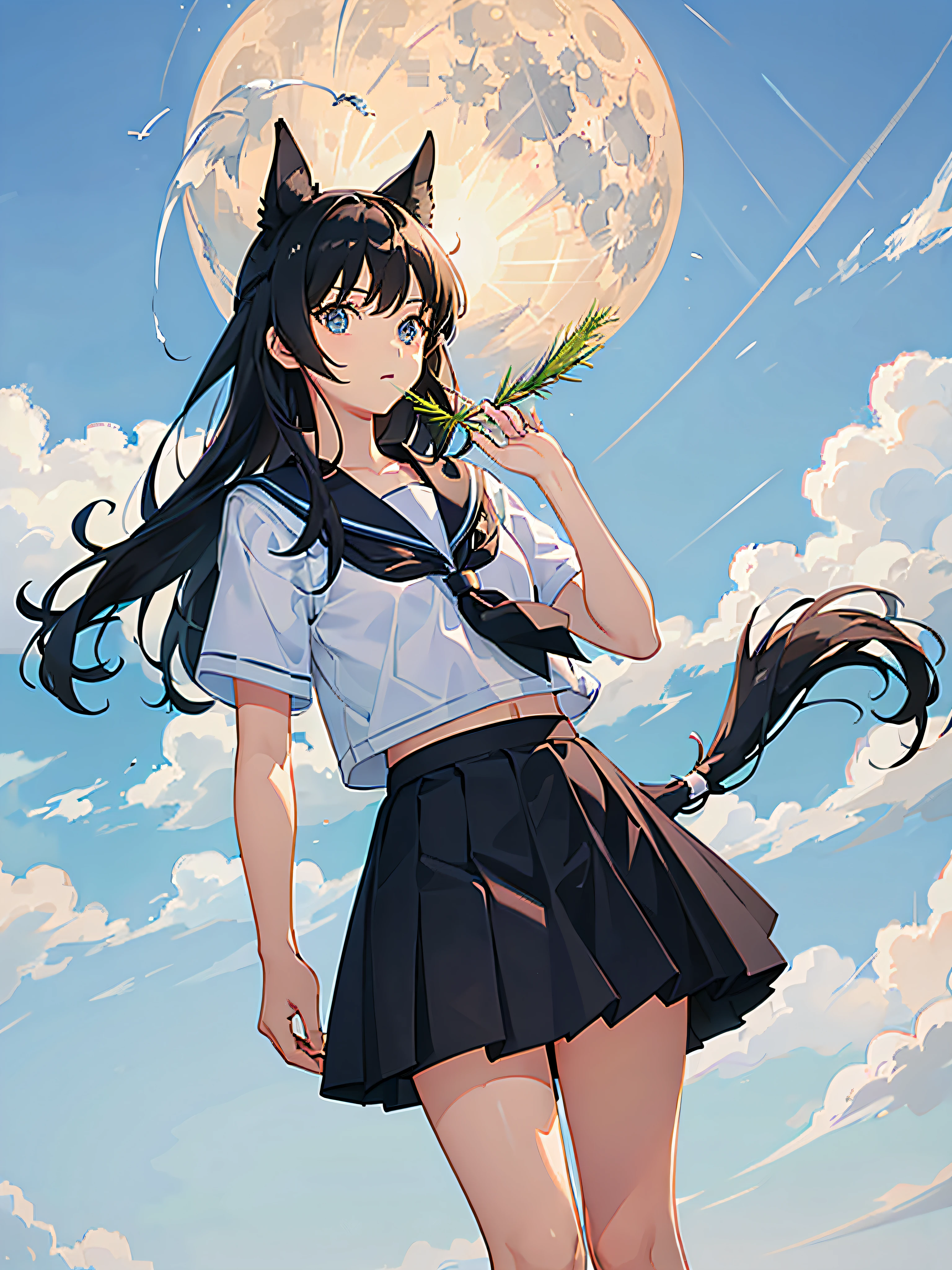 A school uniform girl with a dog's tail grass in her hand,Sky and Moon,A small amount of white space --auto