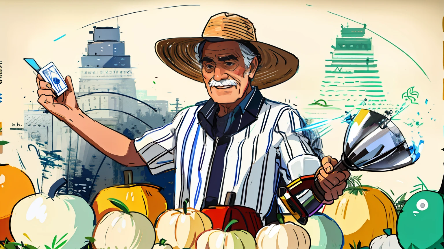 wireframes,Thick strokes,handpainted,A old man,male people,Left-handed card,Right hand trophy