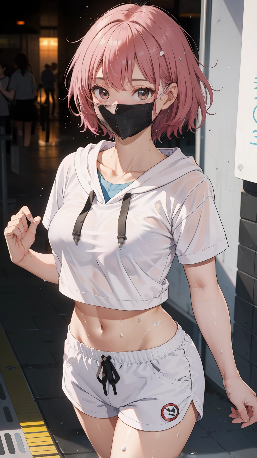 1 beautiful tomboy girl with medium breast,Ted pink hair, white top crop Hoodie white short pants white sneaker  mask on face wet (wet chlotes:0.9)
