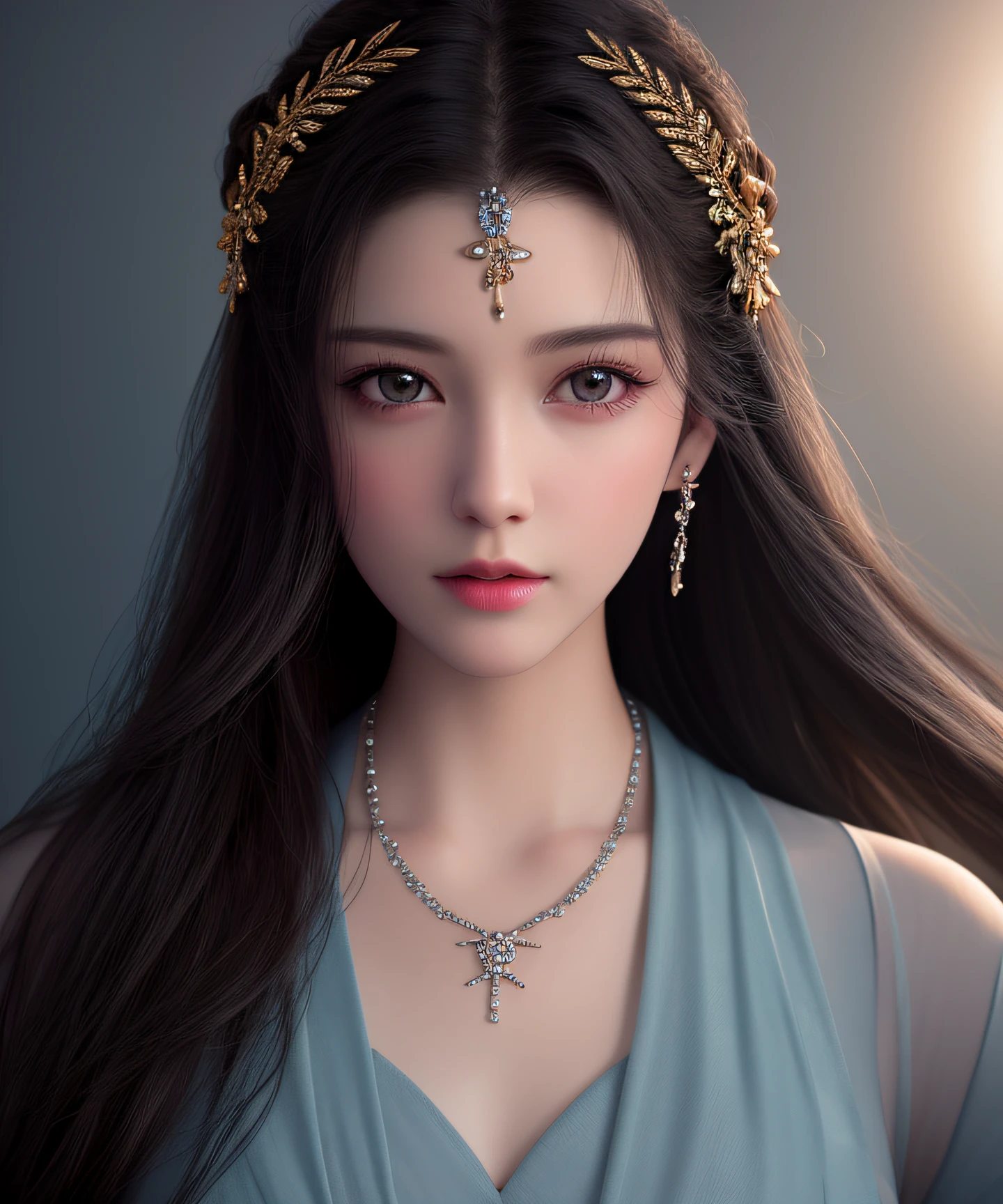 Best quality, masterpiece, high resolution, 1girl, porcelain dress, hair accessories, necklace, jewelry, beautiful face, on the body, Tyndall effect, realistic, dark studio, edge lighting, two-tone lighting, (high detail skin: 1.2), 8k UHD, dslr, soft light, high quality, volumetric light, candid, photo, high resolution, 4k, 8k, background blur,