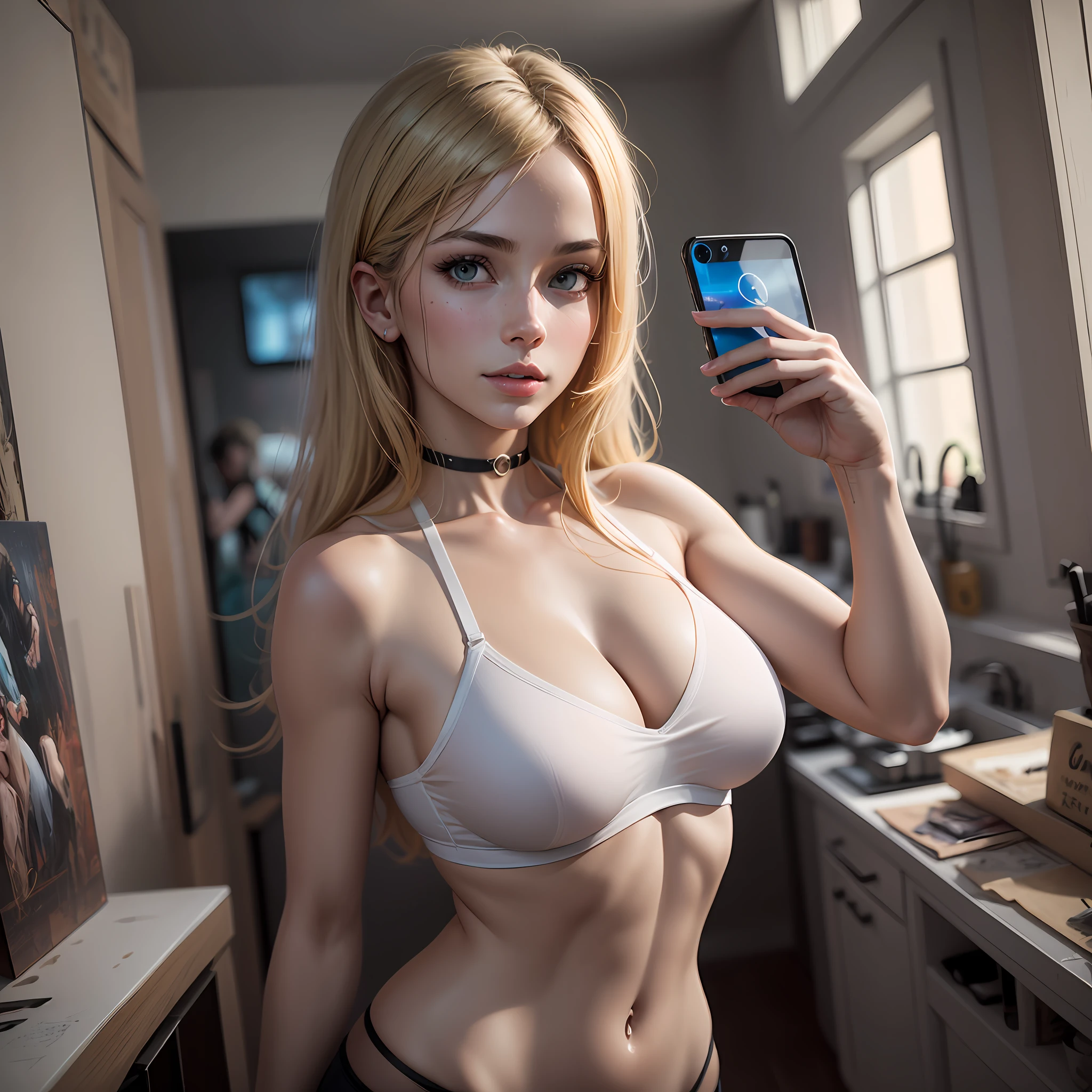 Blonde woman in a transparent white bra top taking a selfie with her cell phone, Cuerpo perfecto fotorrealista, Cuerpo perfecto sombreado realista, Figura completa hiperrealista, Cuerpo completo fotorrealista, Obras de arte al estilo de Guweiz, Render fotorrealista de Anime Girl, Imagen ultra realista, realistic artistic style, [ Fotorrealismo 4K ]!!, Render semi - realista , brillo en la piel , dreamshaper, escala 9:16 --auto --s2