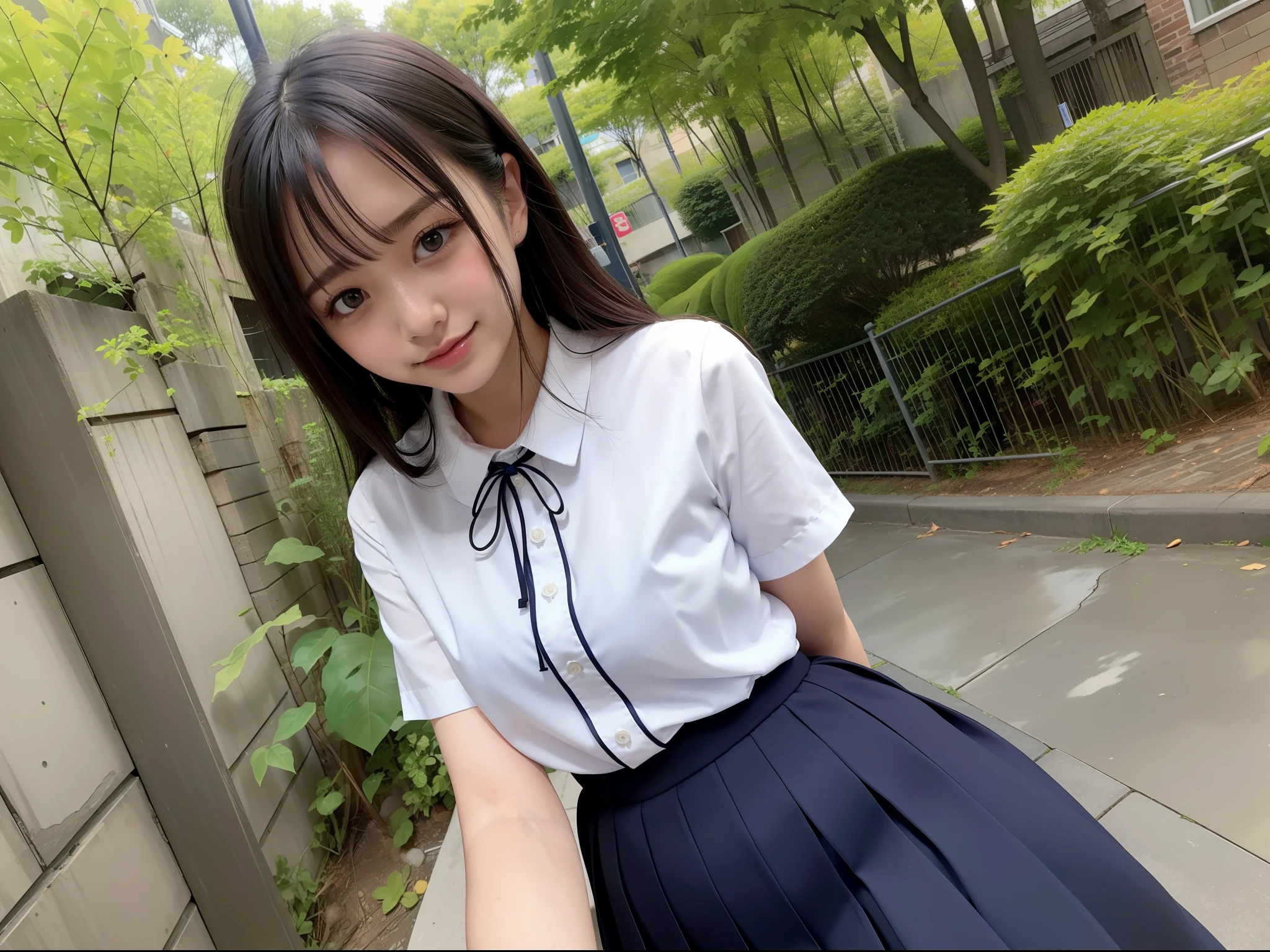 photorealisim、Beautuful Women、Detailed body、A slight smil、Smaller bust、A dark-haired、poneyTail、17 age、hi-school girl、japanes、The color of the skirt is dark blue、Short sleeve shirt、The color of the shirt is all white、High-definition face、Delicate body、Thin thighs、8ｋpicture quality、Face facing forward、full bodyesbian、drooing eyes、Gentle smile、wave her hand